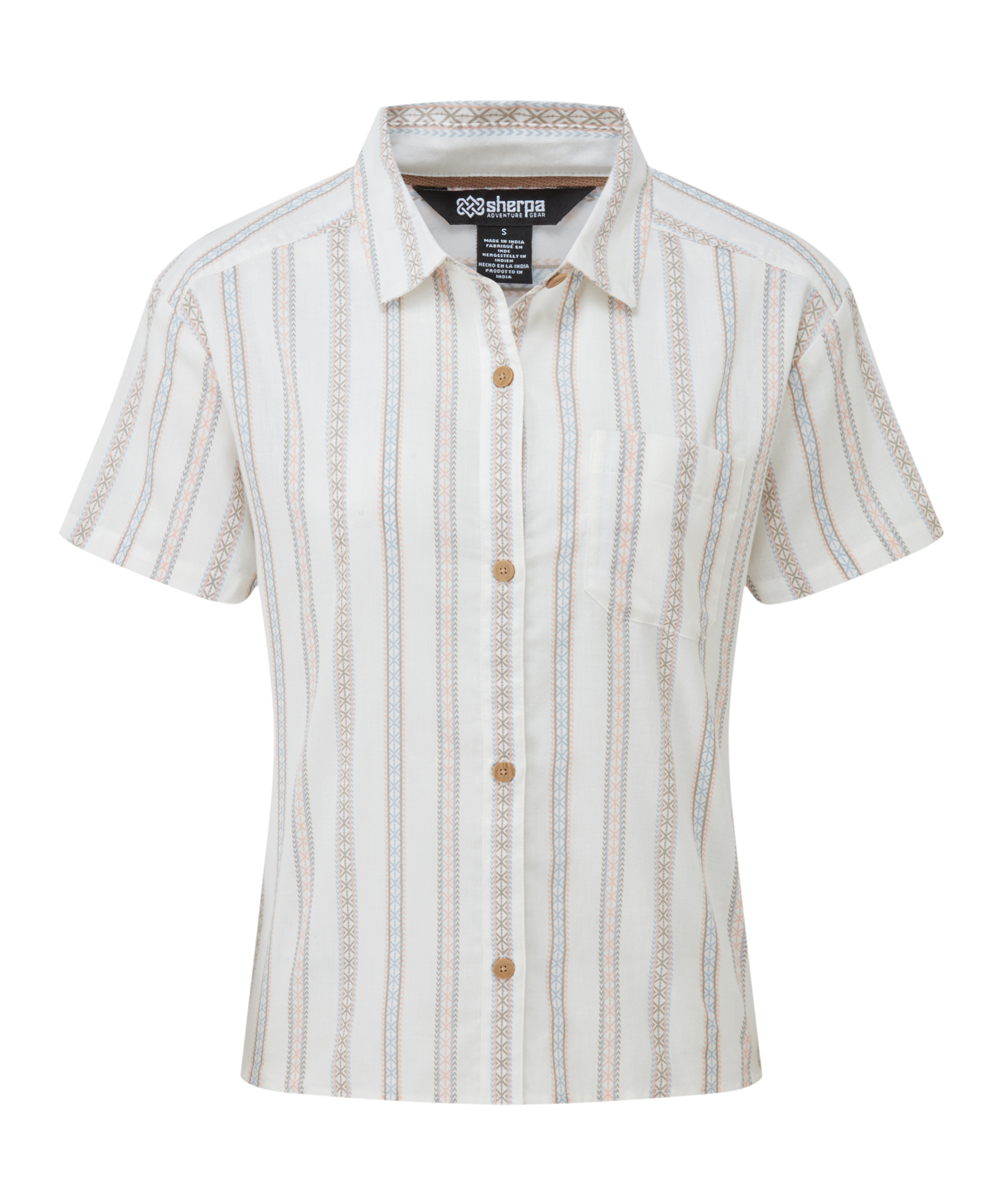 Women's short sleeve striped shirt with button details on a white background