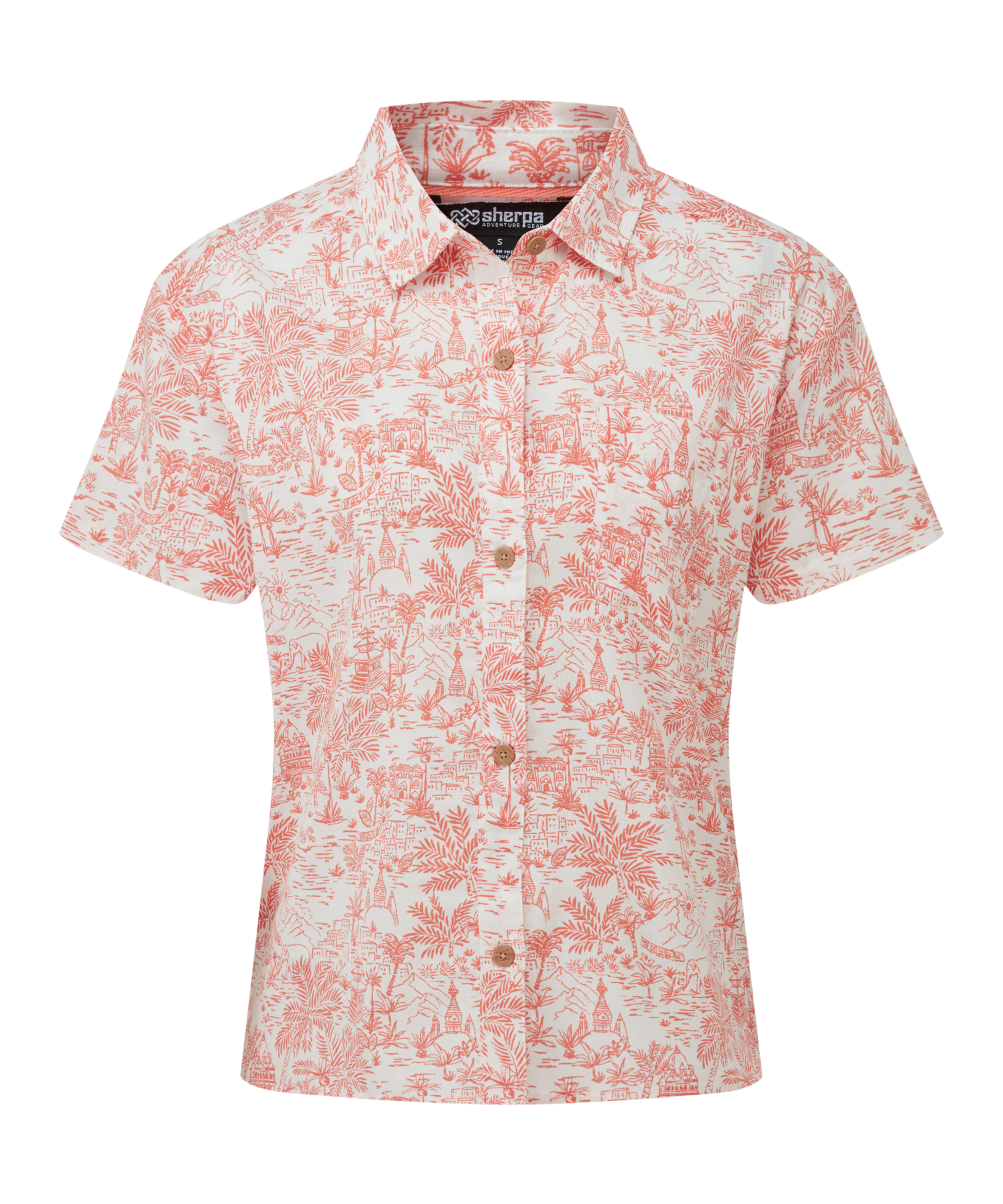 A white short sleeve shirt with a pink pattern, depicting palm leaves and Nepalese temples, on a white background