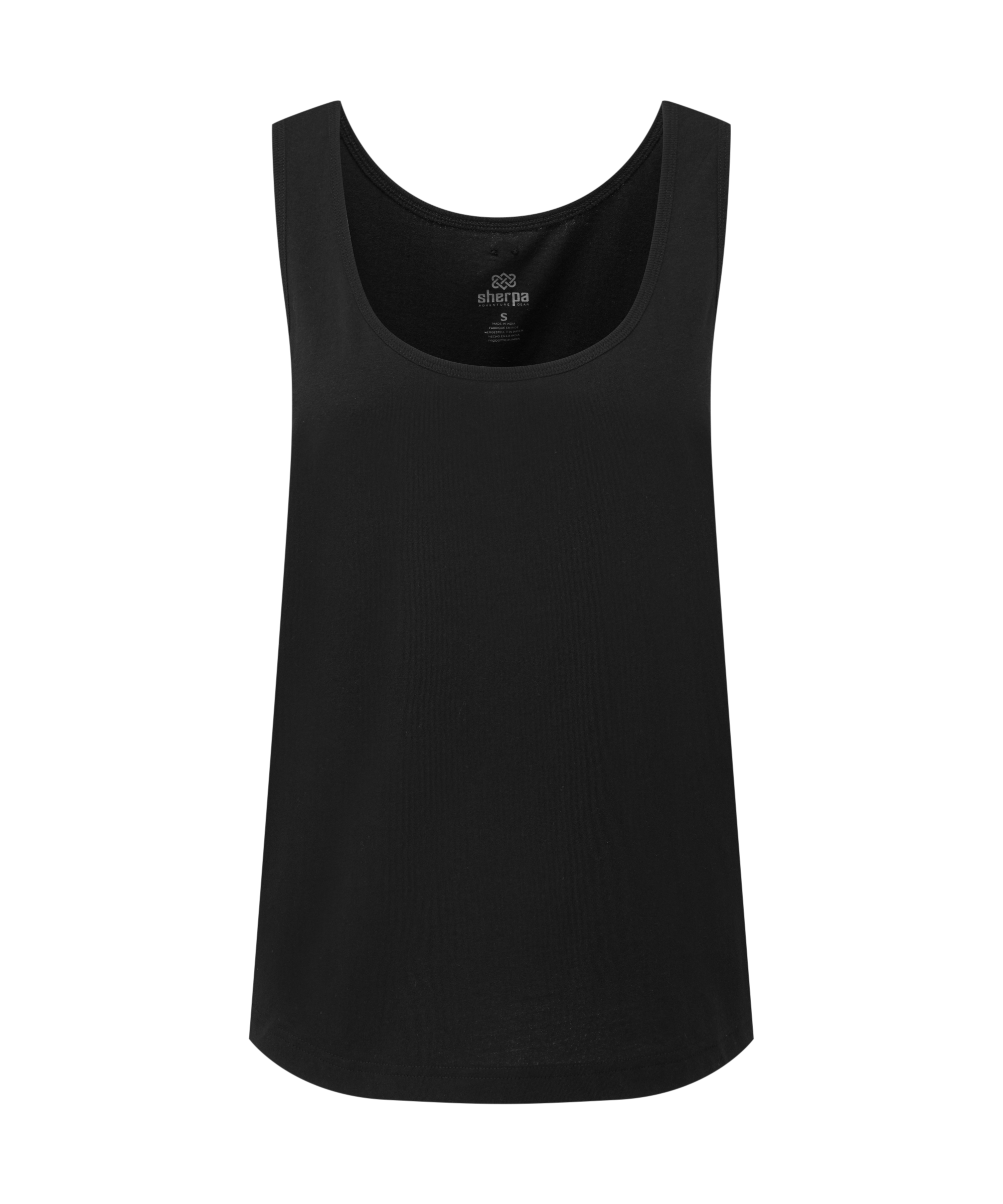 Women's black scoop neck tank top on a white background