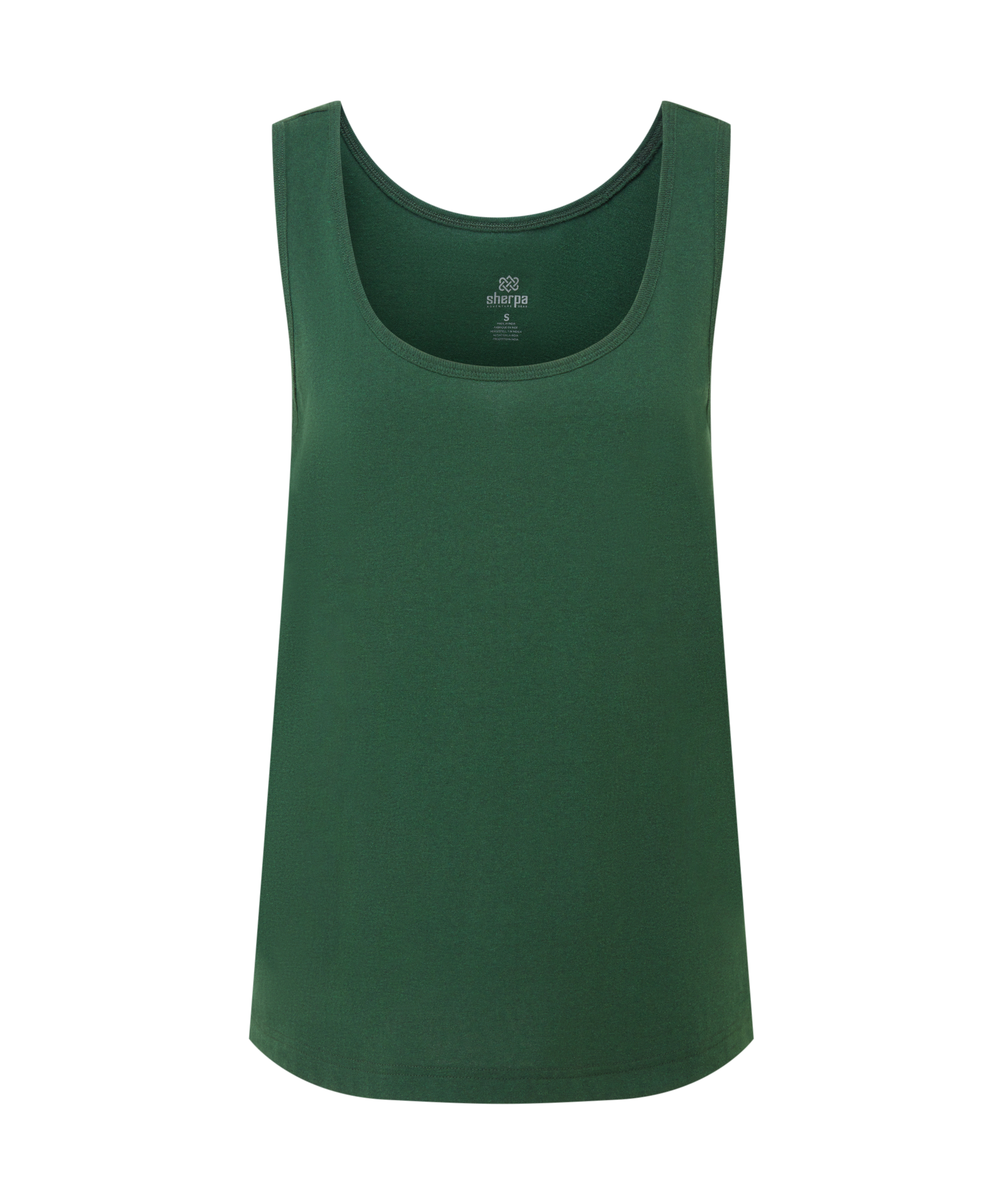 Women's green scooped neck tank top on a white background