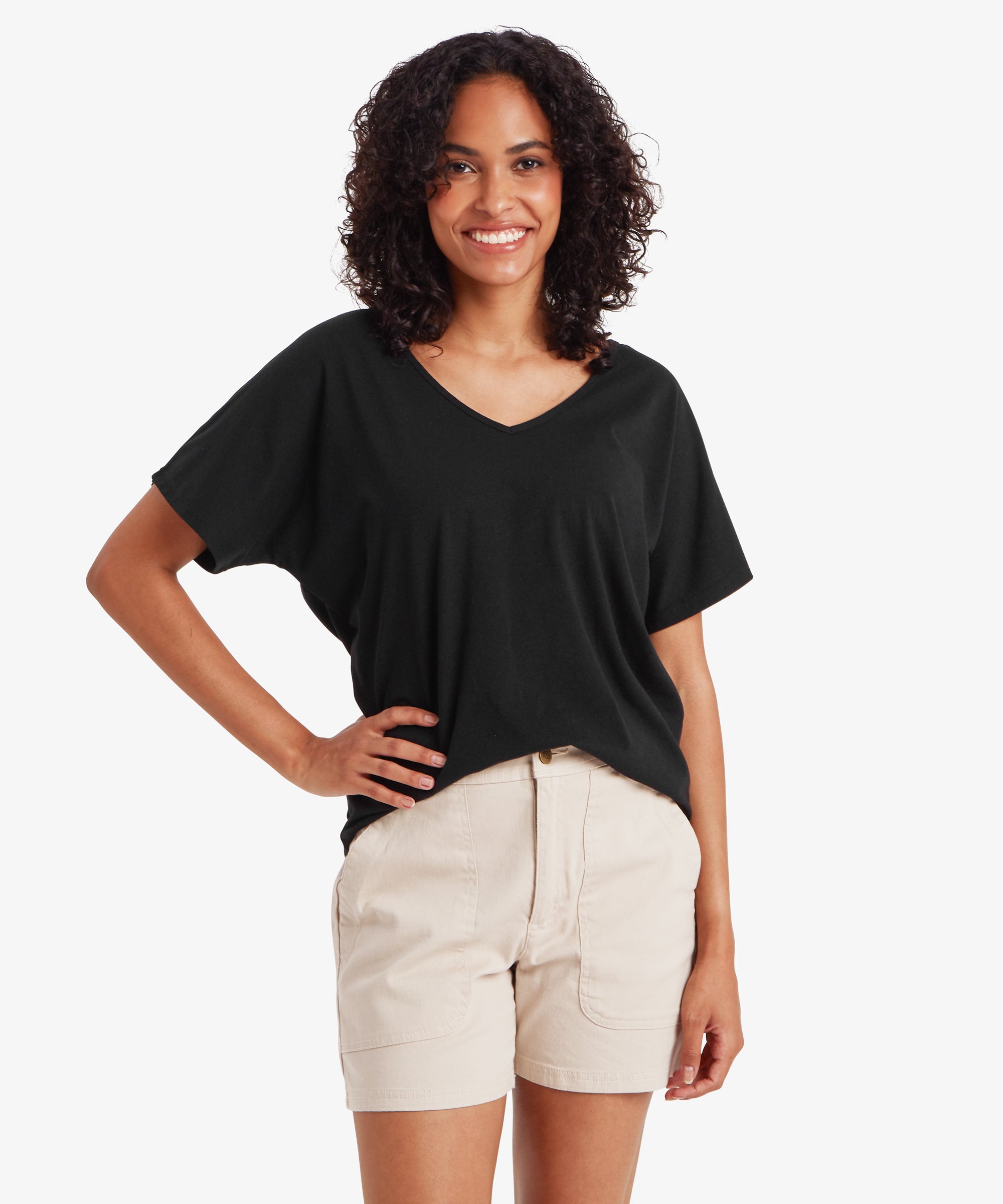 Black Jutnu V-Neck T-Shirt with relaxed flowing short sleeves