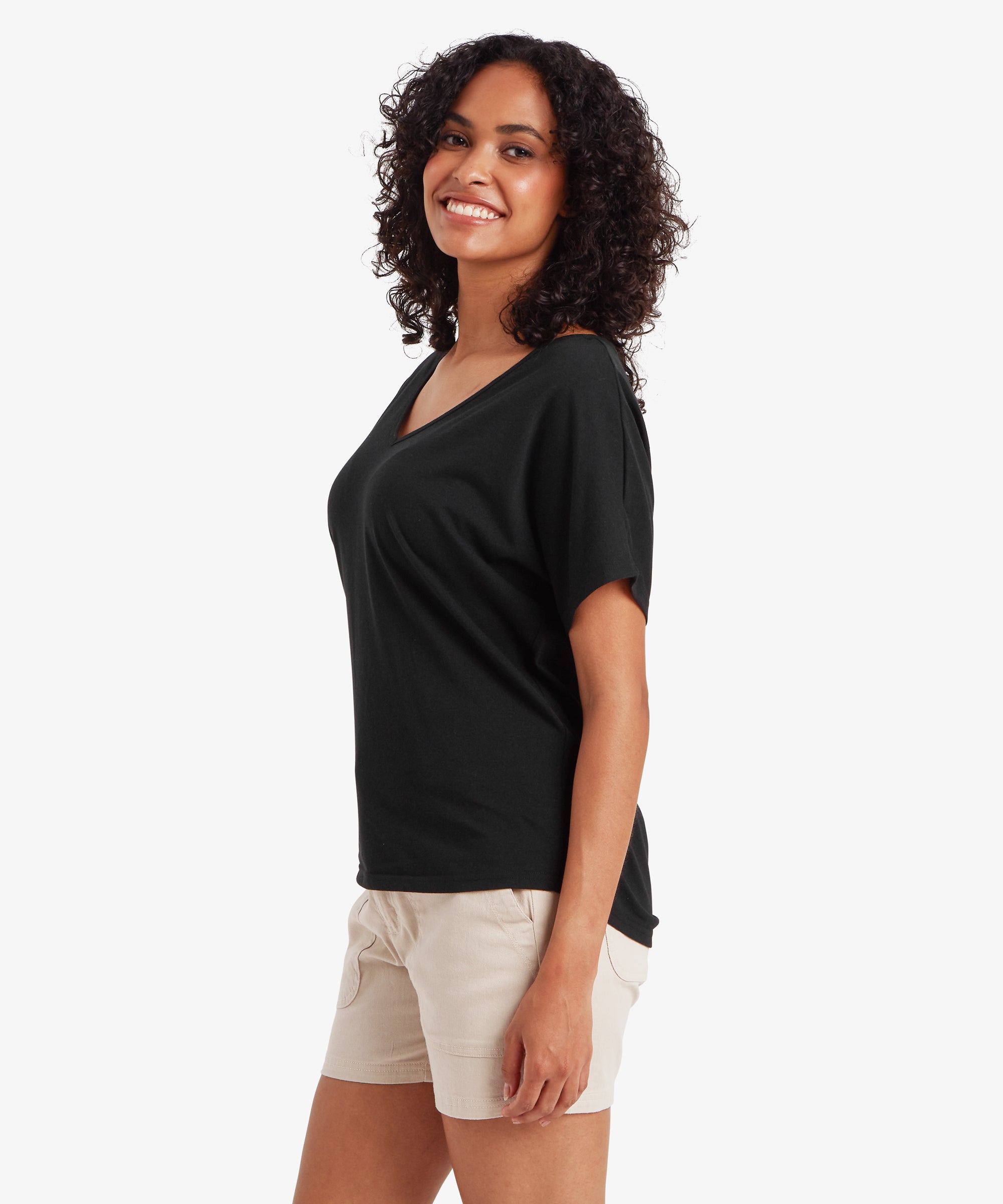 Black Jutnu V-Neck T-Shirt with short sleeves in soft flowing fabric