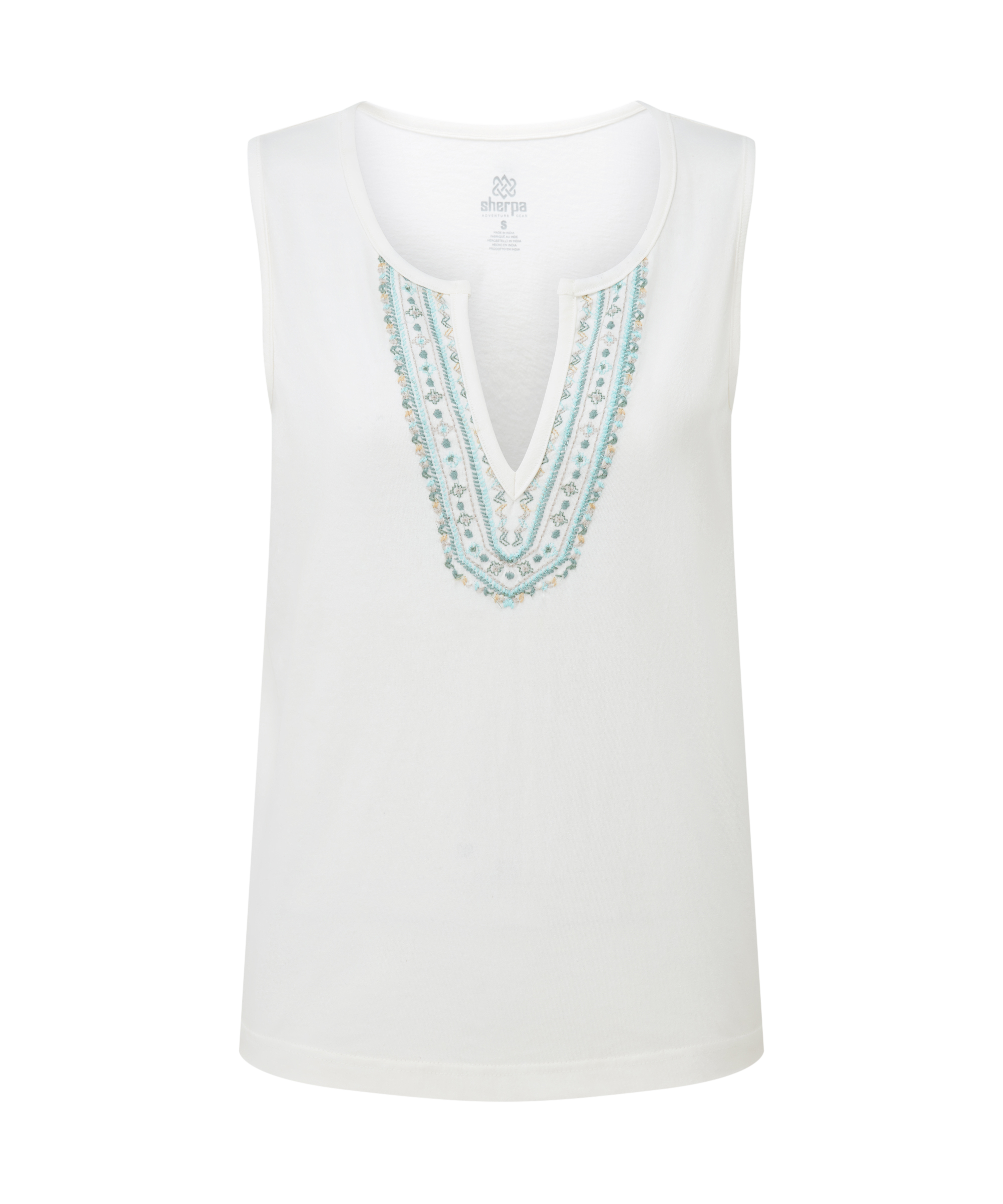 Women's white sleeveless top with decorative neckline on a white background