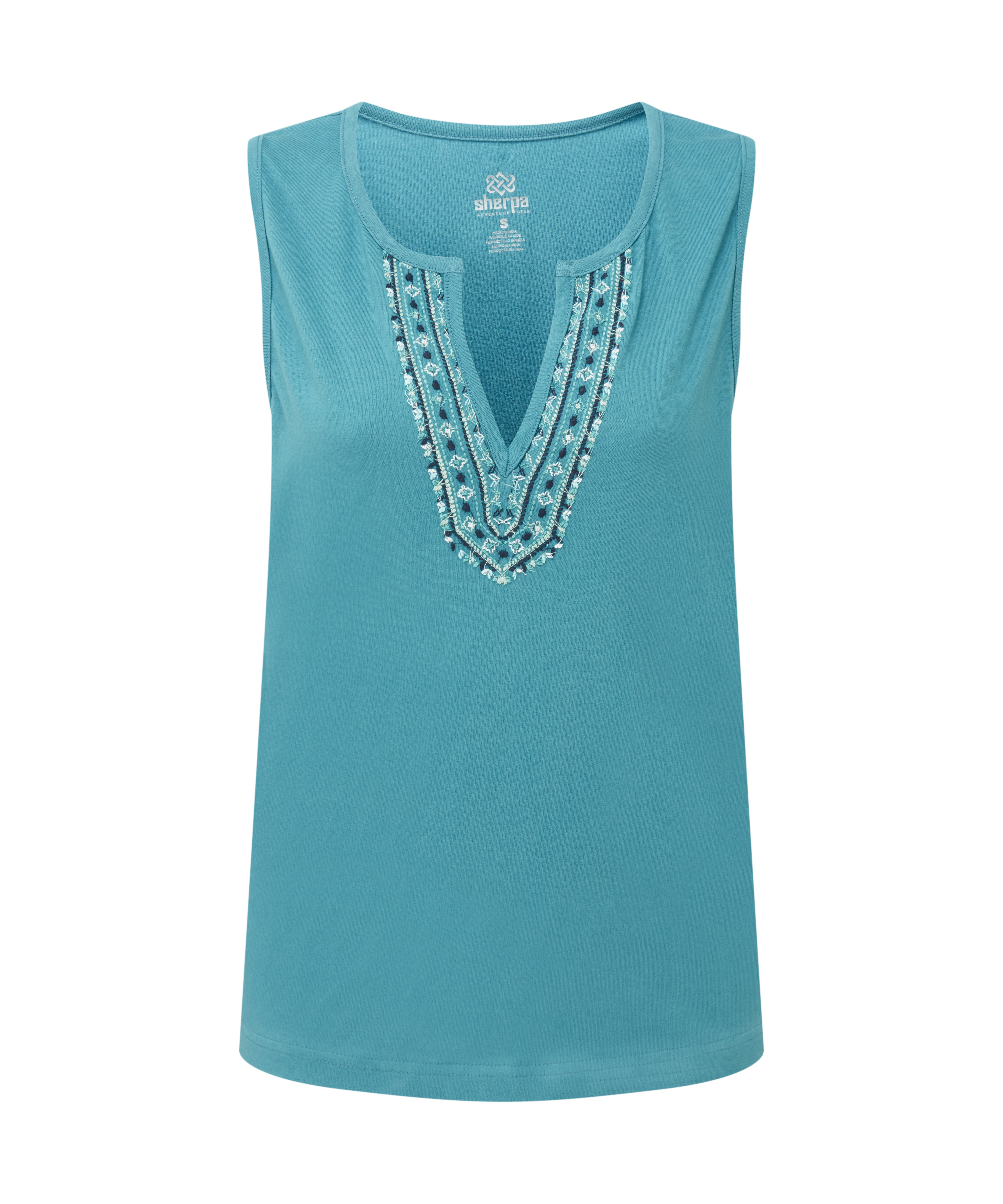 Women's blue tank top with decorative neckline on a white background