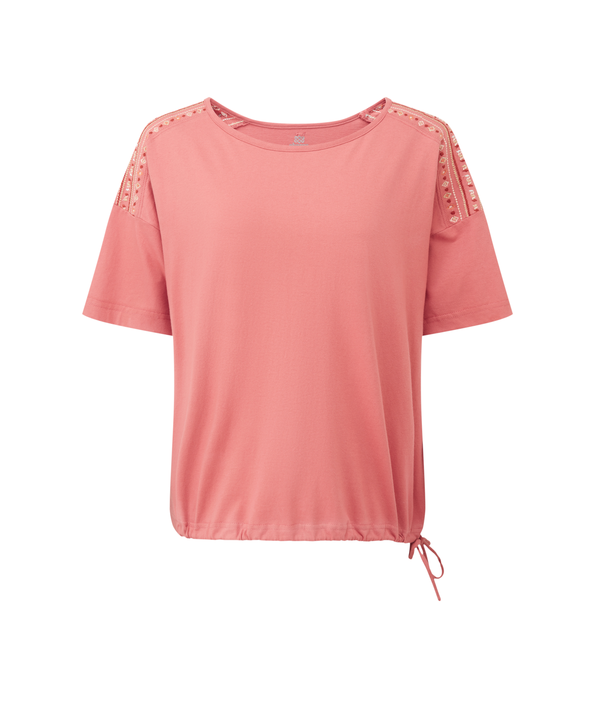 Women's pink t-shirt with shoulder embellishments on a white background