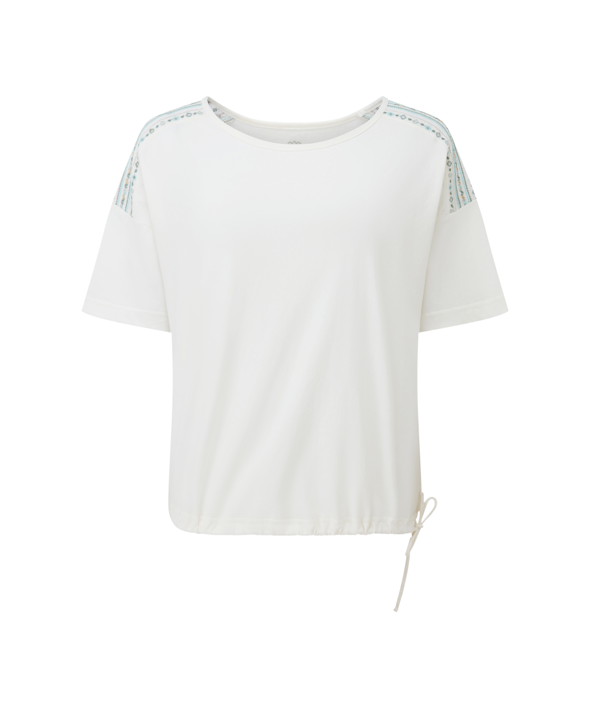 Women's white blouse with light blue sleeve accents on a white background
