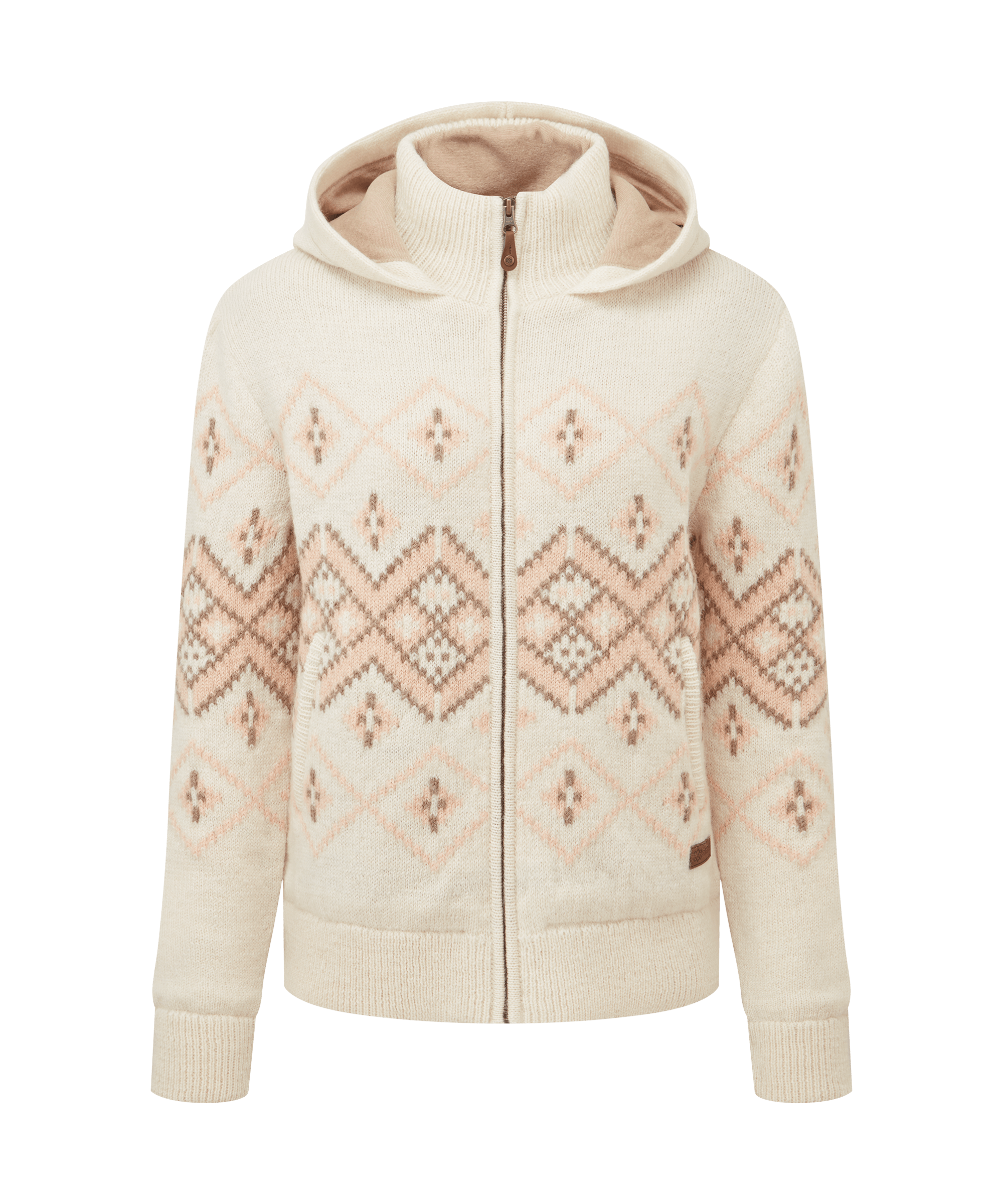 Front view of a women's Sherpa Adventure Gear hooded sweater jacket in cream white. Features a full-zip closure, Fair Isle-inspired geometric pattern, attached hood, ribbed cuffs, and a cozy knit construction.
