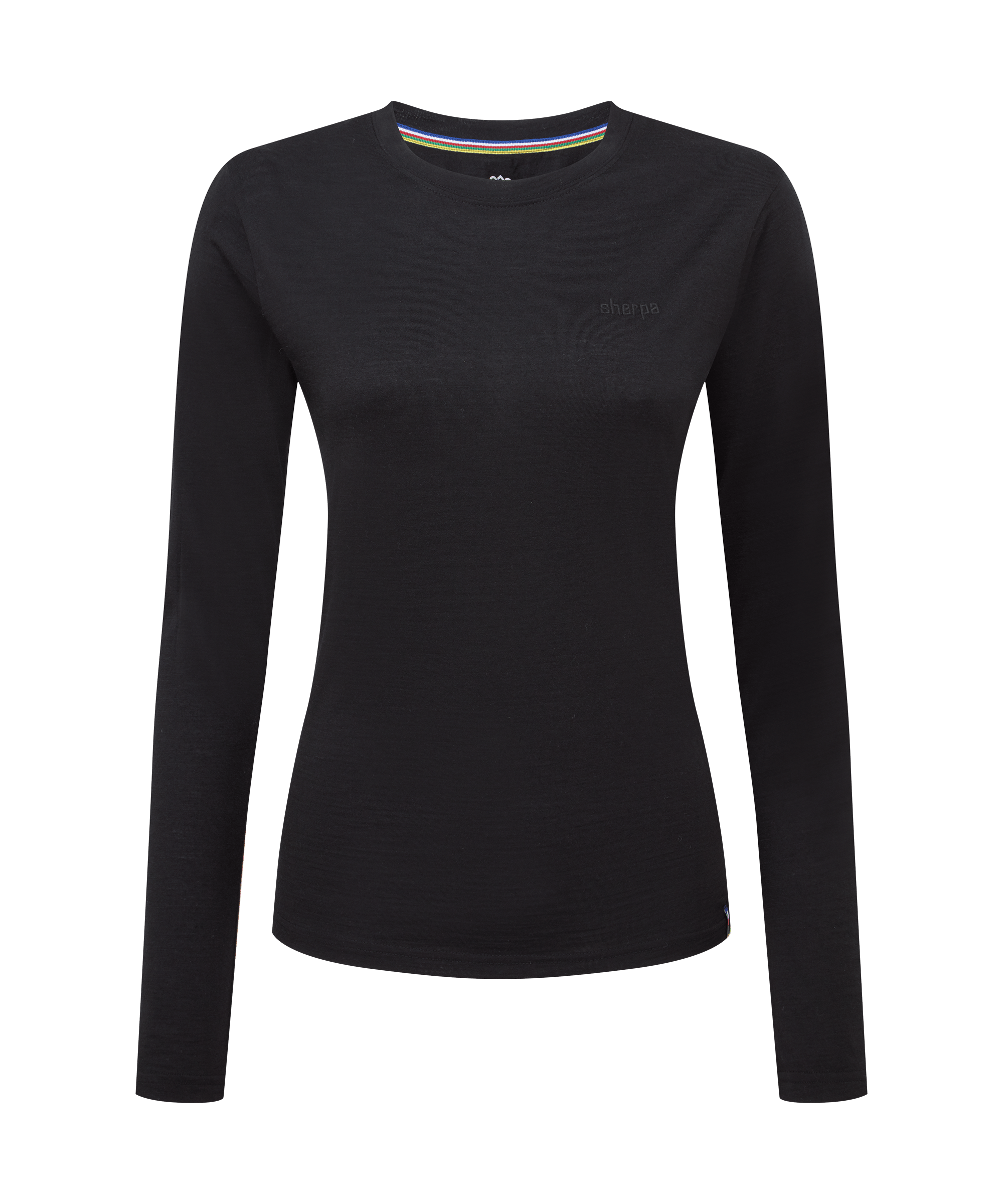 Front view of a women's Sherpa Adventure Gear long-sleeve merino wool T-shirt in black. Features a crew neckline, streamlined silhouette, long sleeves, and a lightweight design suitable for layering or standalone wear.