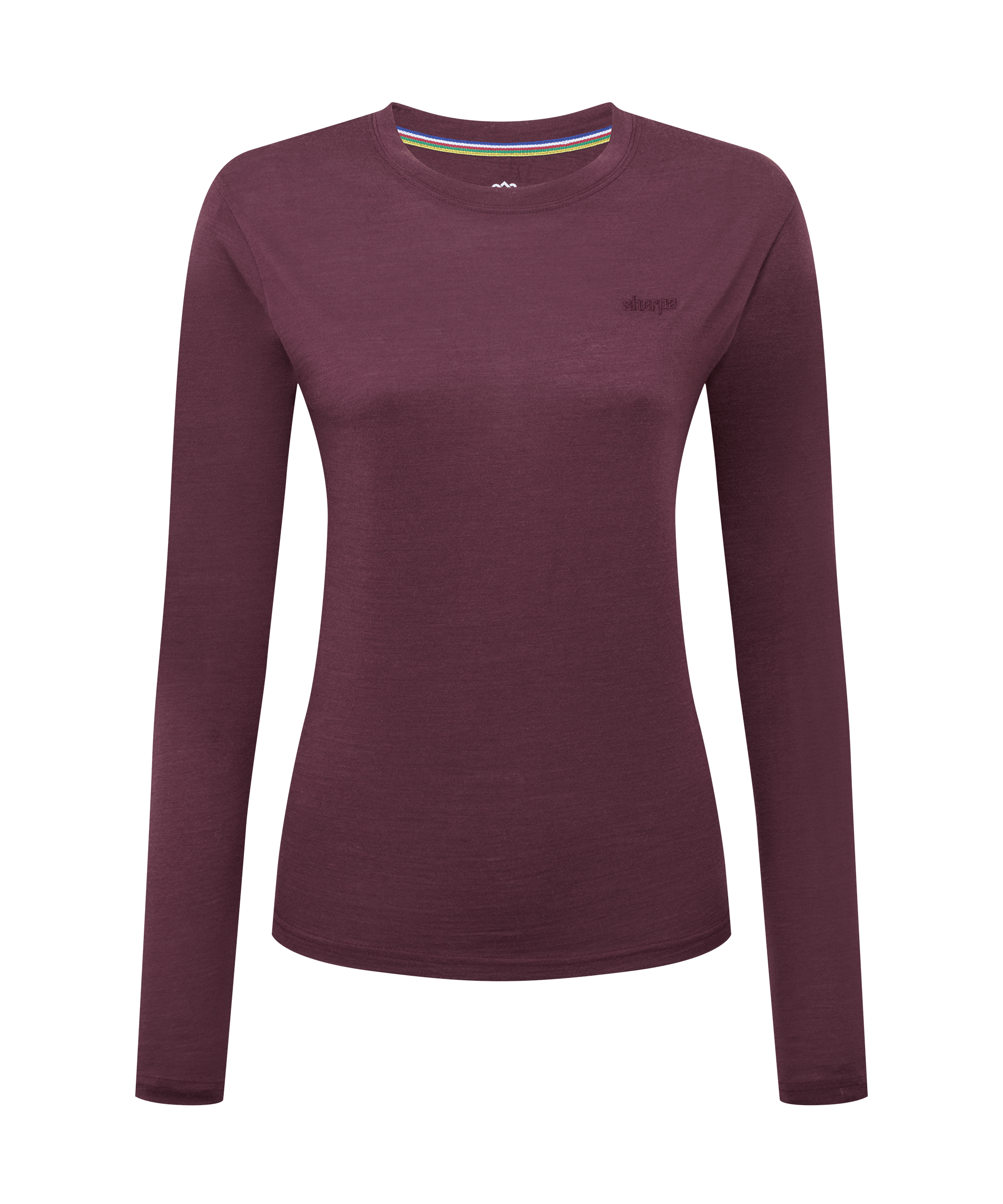 Front view of a women's Sherpa Adventure Gear long-sleeve merino wool T-shirt in merlot red. Features a crew neckline, long sleeves, subtle logo detail, and a fitted silhouette for everyday comfort.