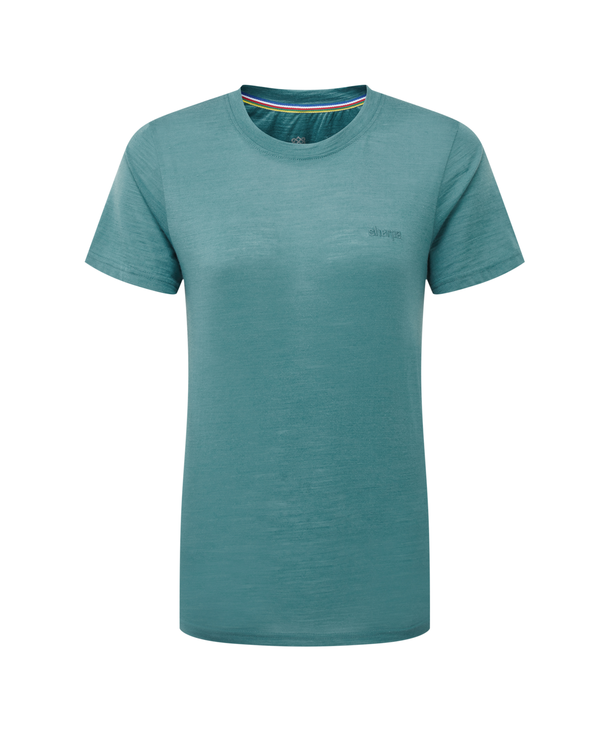 Women's teal t-shirt with a Sherpa Adventure Gear logo on a white background