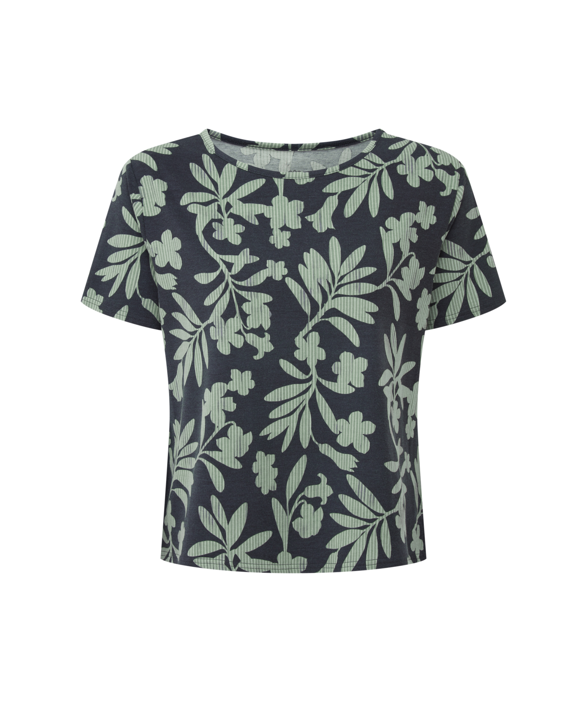 Marineblaues Damen-T-Shirt mit hellgrŸnem Blumenmuster auf wei§em Hintergrund
