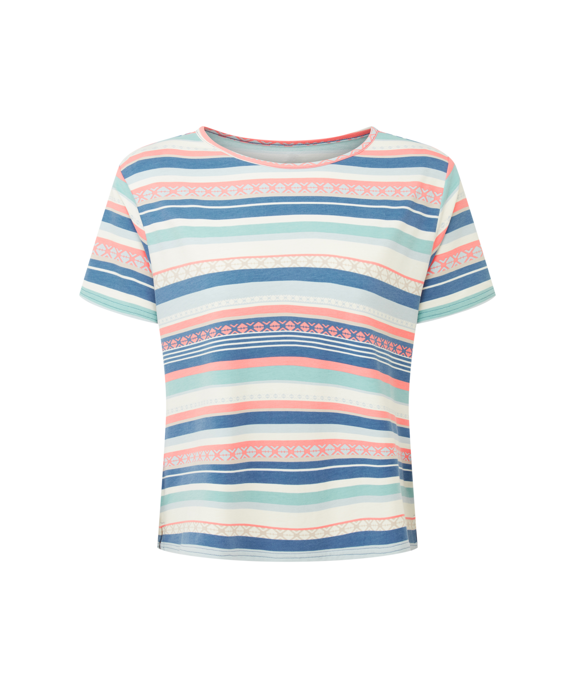 GrŸn-rosa-blau gestreiftes T-Shirt fŸr Damen auf wei§em Hintergrund