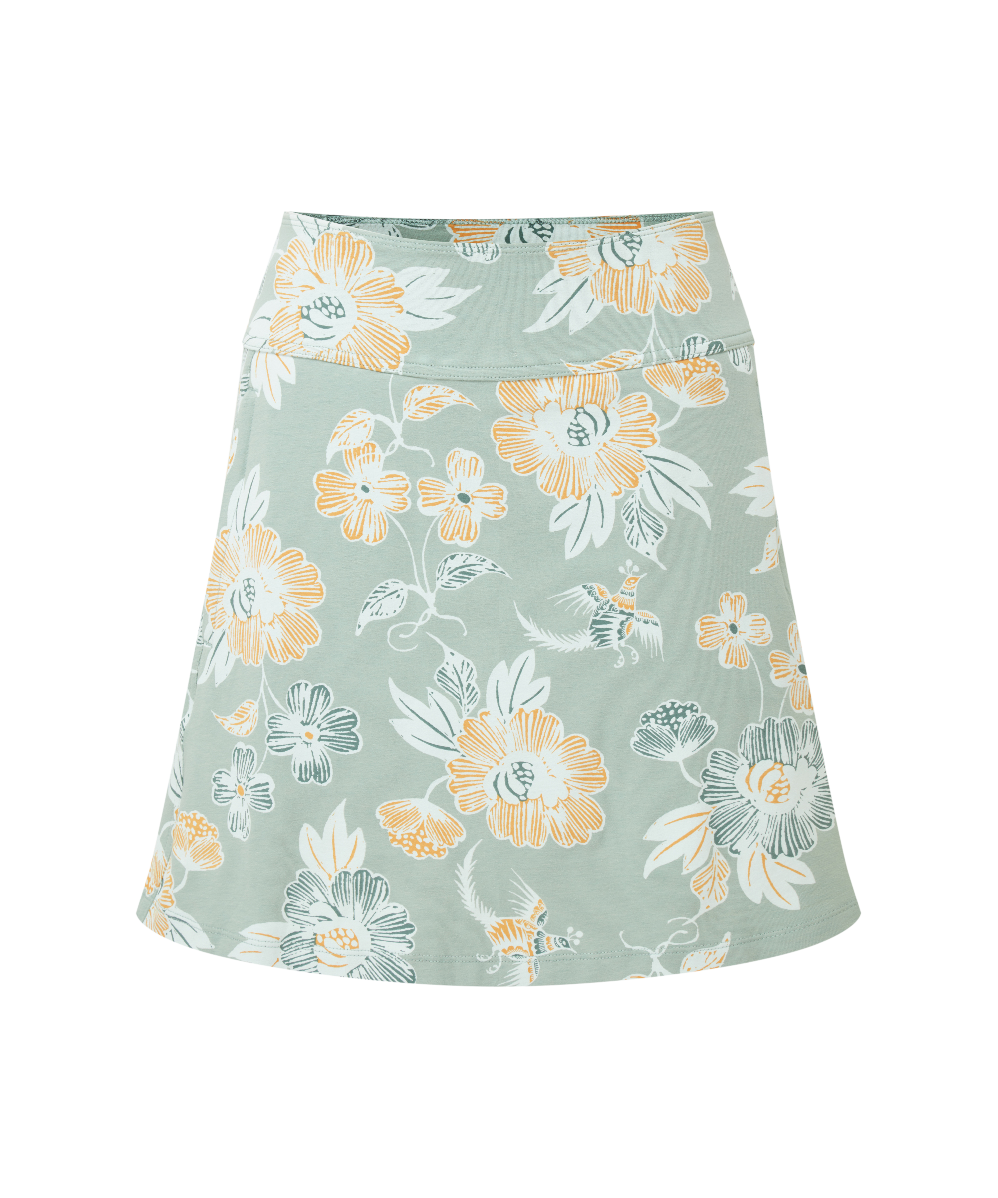 Women's green skirt with a yellow and green floral pattern on a white background