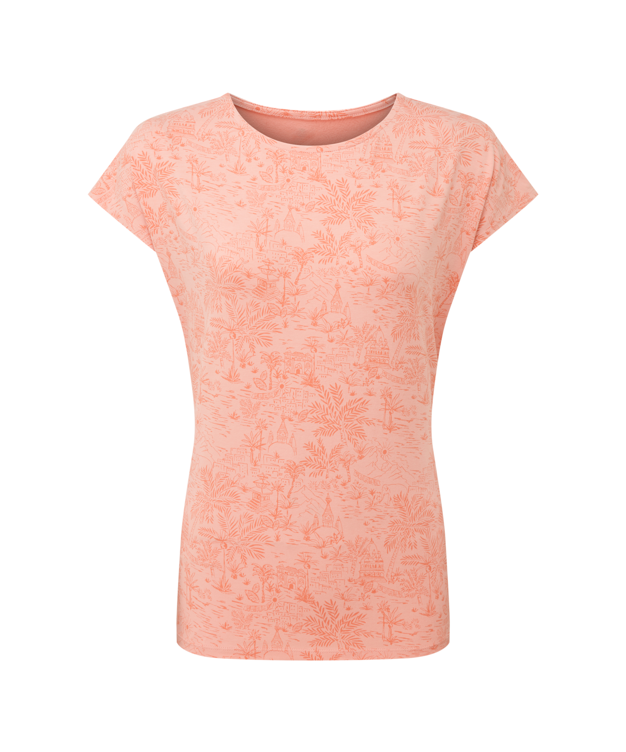 Women's pink t-shirt with a floral and Nepal inspired print on a white background