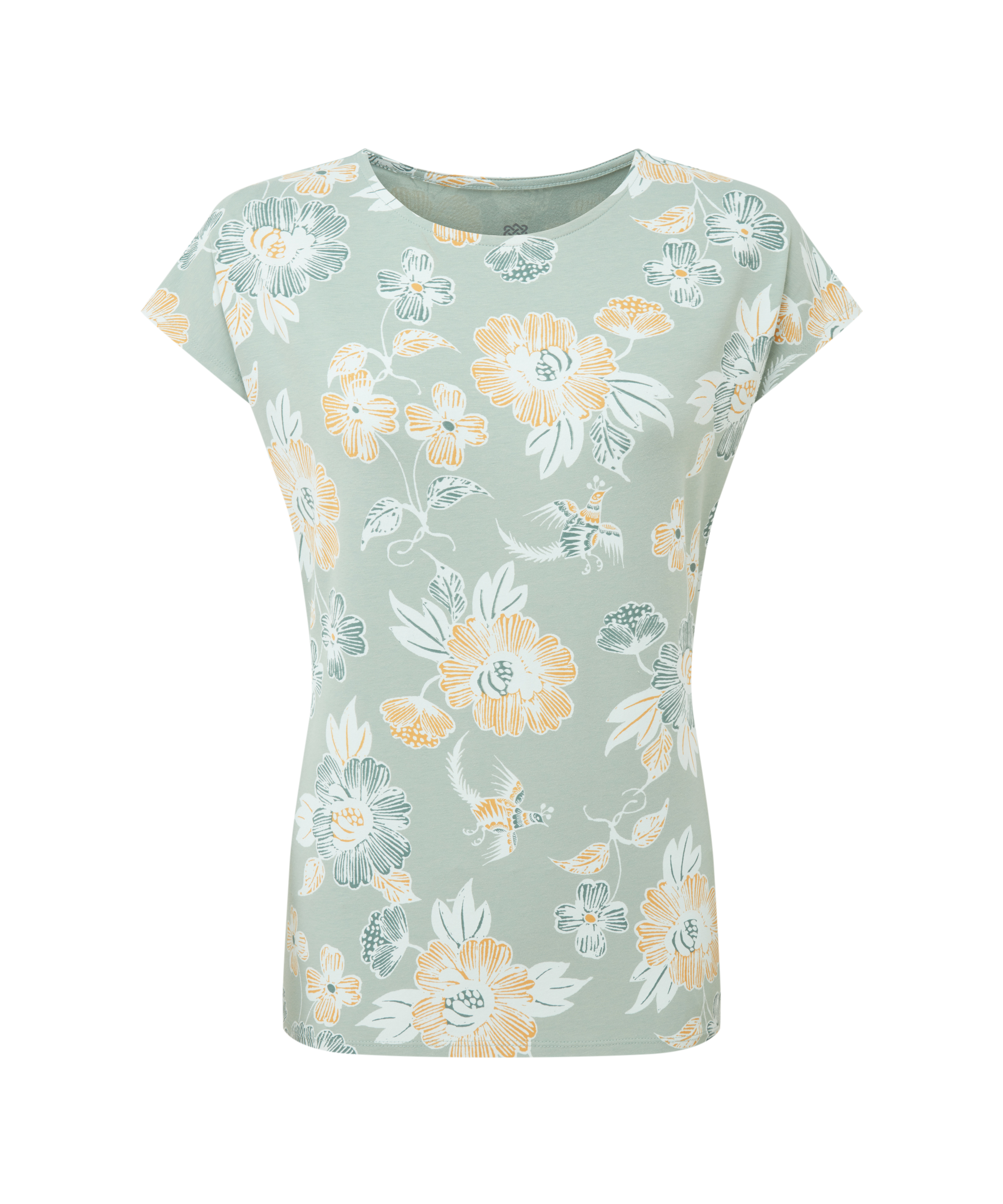 Women's green T-Shirt with.a yellow and dark green floral pattern on a white background
