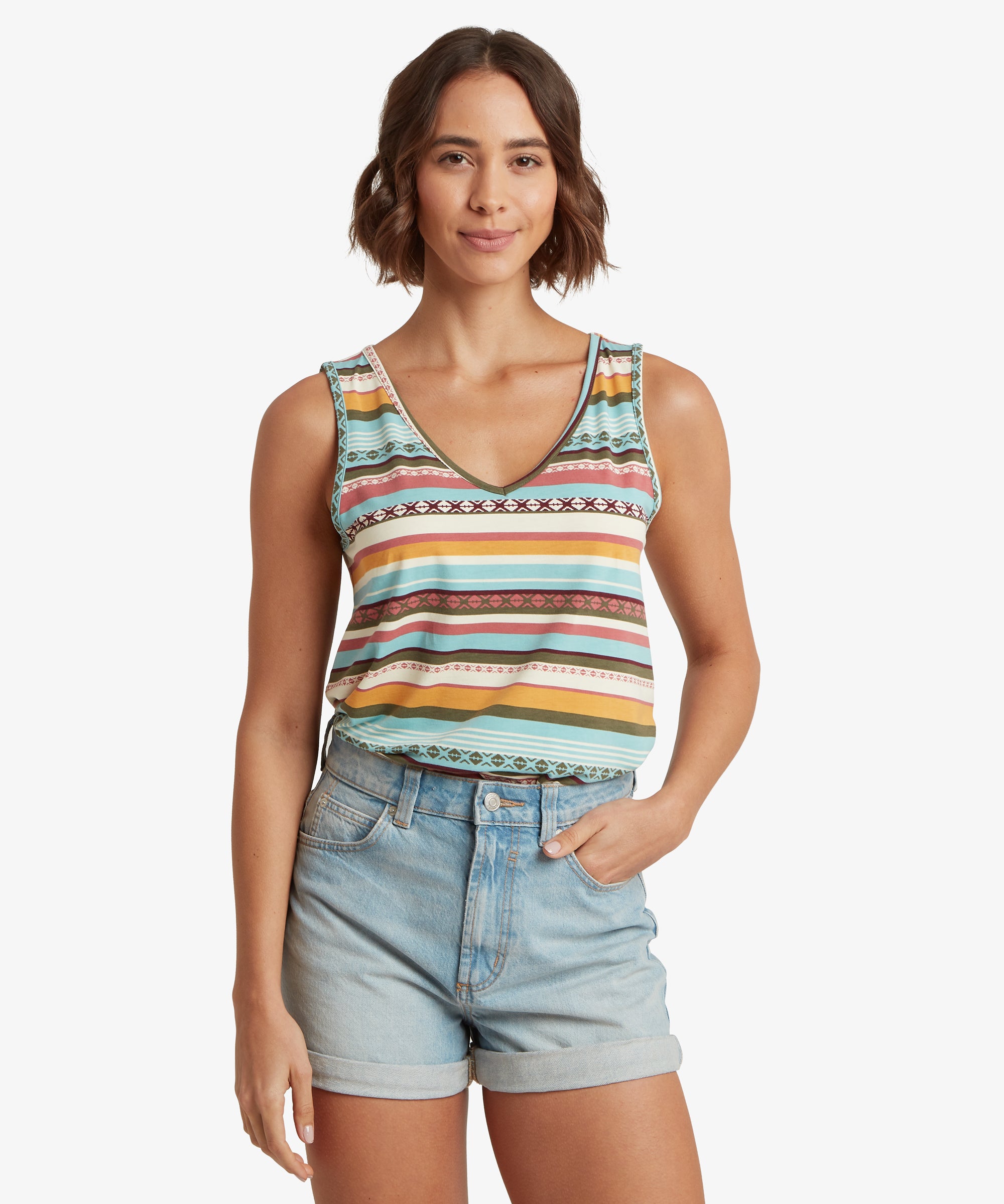 Front view of a striped V‑neck tank top featuring bold multicolour horizontal stripes, styled with light blue rolled denim shorts.