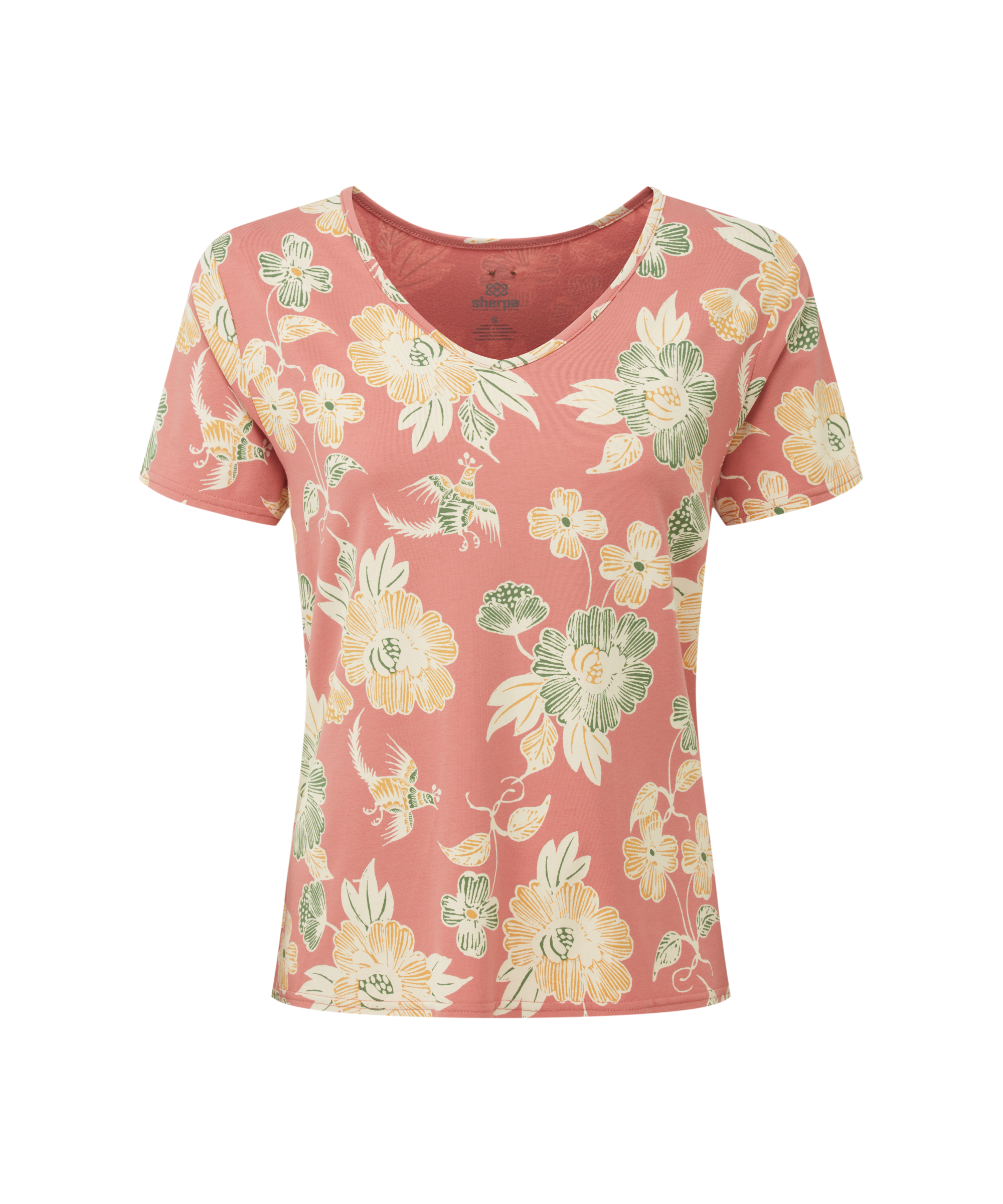 Women's coral T-shirt with a yellow and green floral pattern on a white background