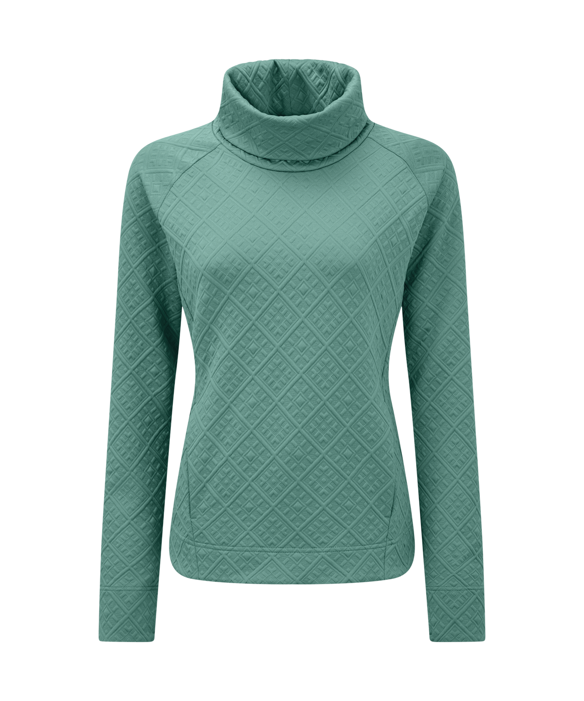 A women's long-sleeve turtleneck sweater in a textured sage green color, featuring a diamond pattern.