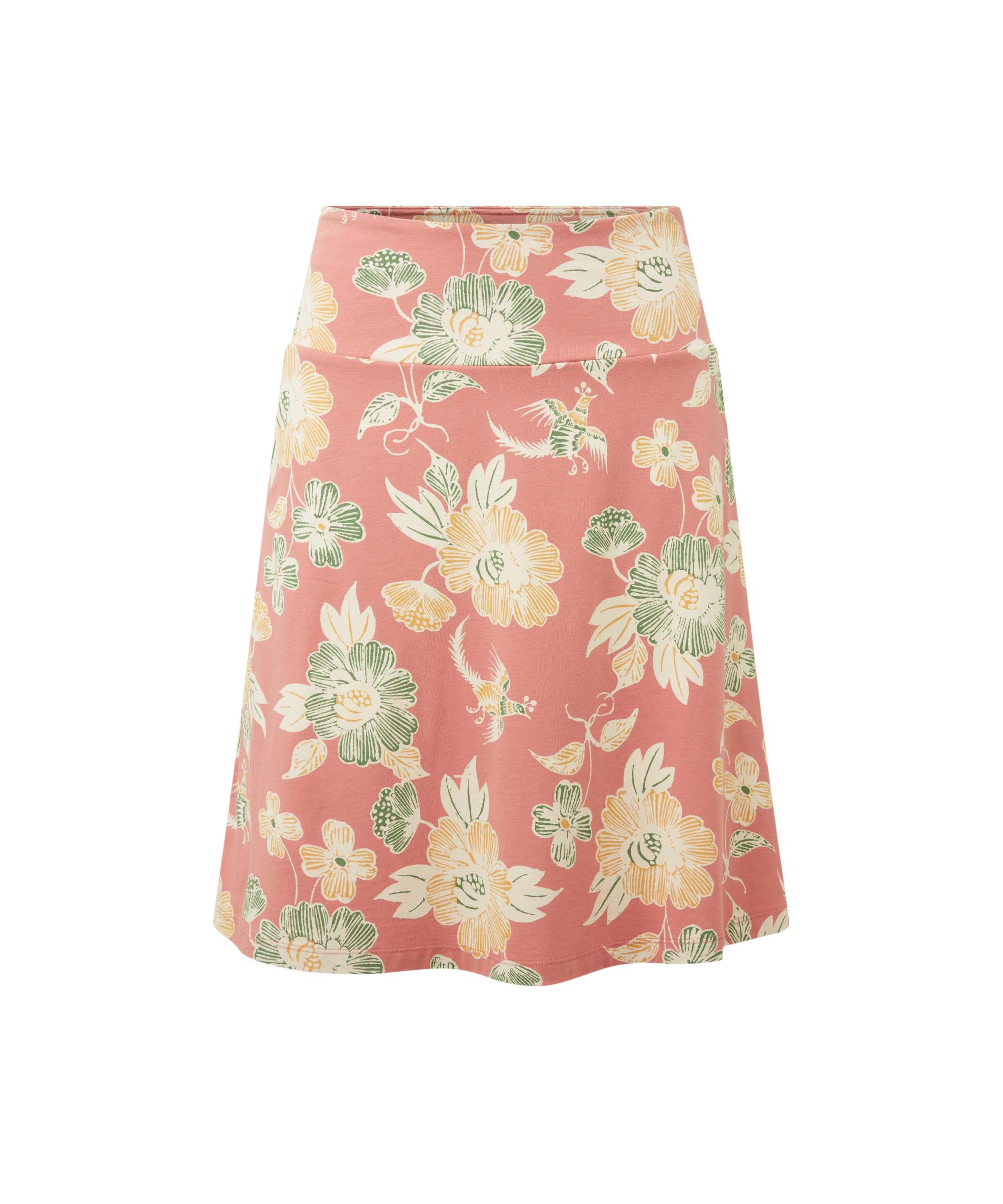 Women's long pink skirt with a yellow and green floral pattern on a white background