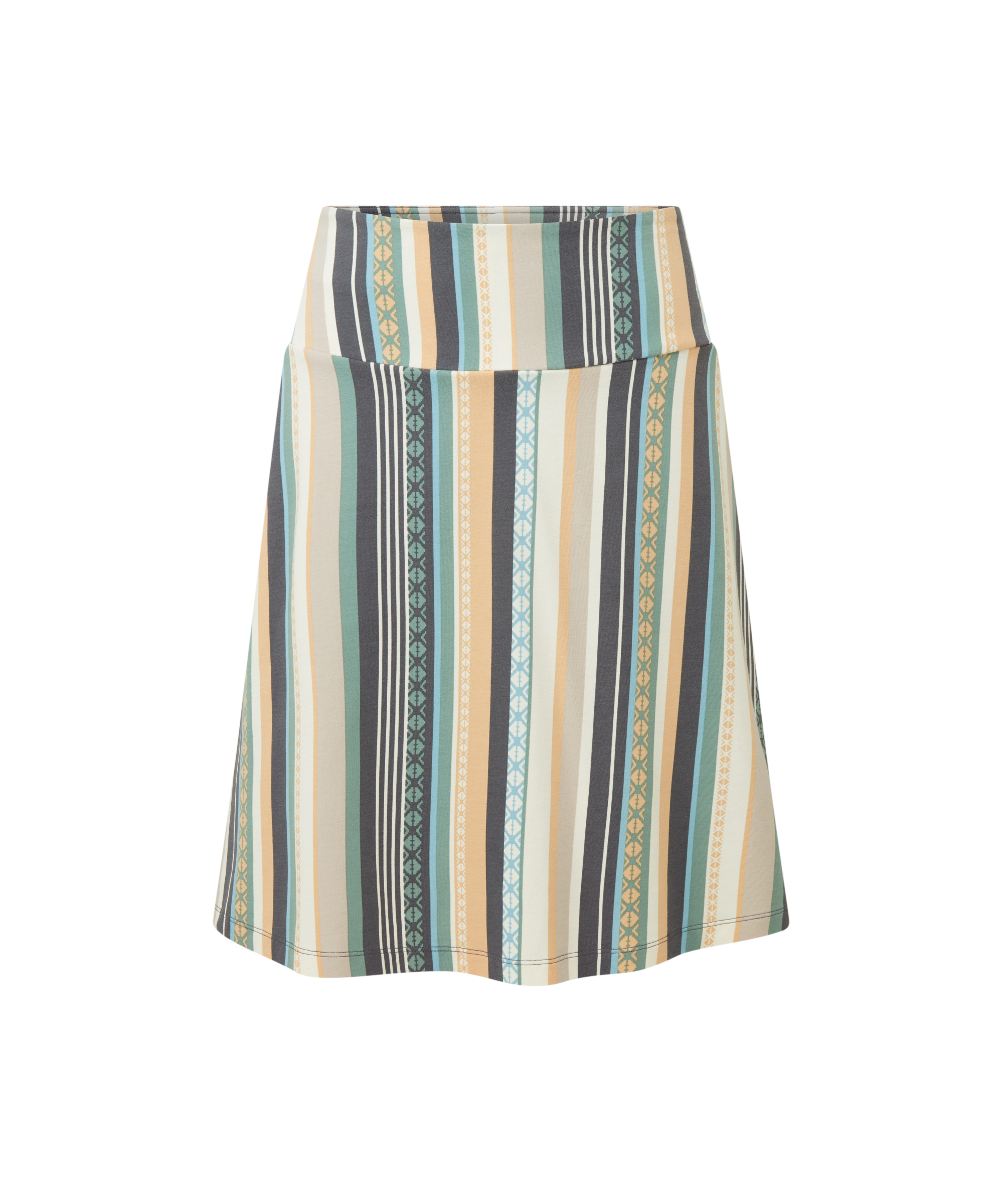Women's green, yellow and blue striped skirt on a white background