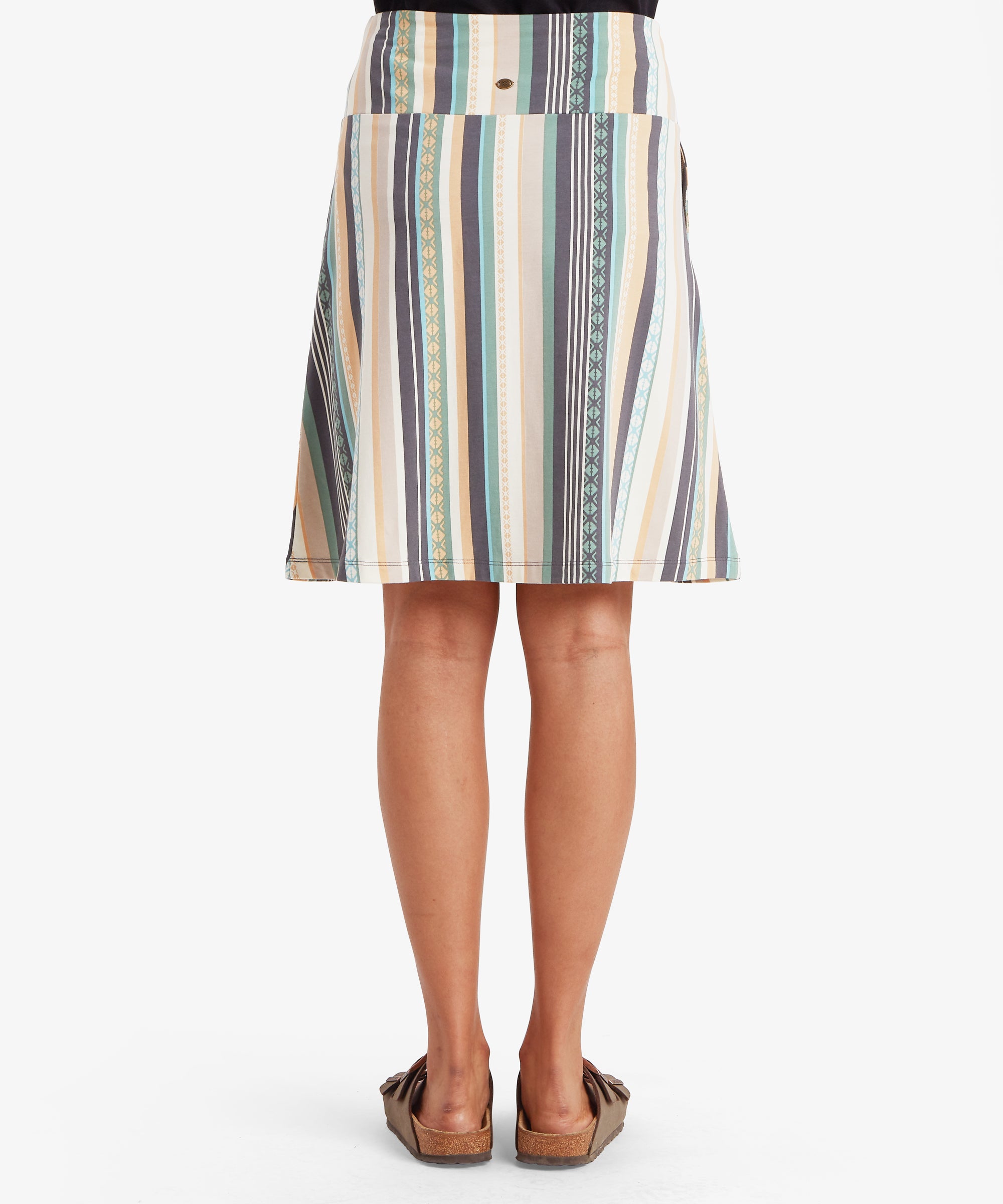 Back view of a knee-length A-line skirt with vertical stripes in teal, grey, mustard, and cream. The hem has a soft flare.