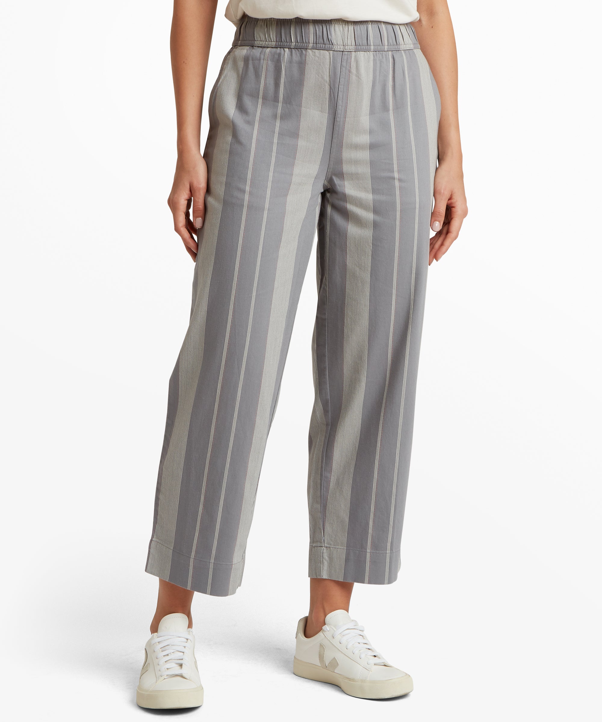 Palmo Ankle Pull On Pants - Stormy Stripe gray white wide-leg trousers