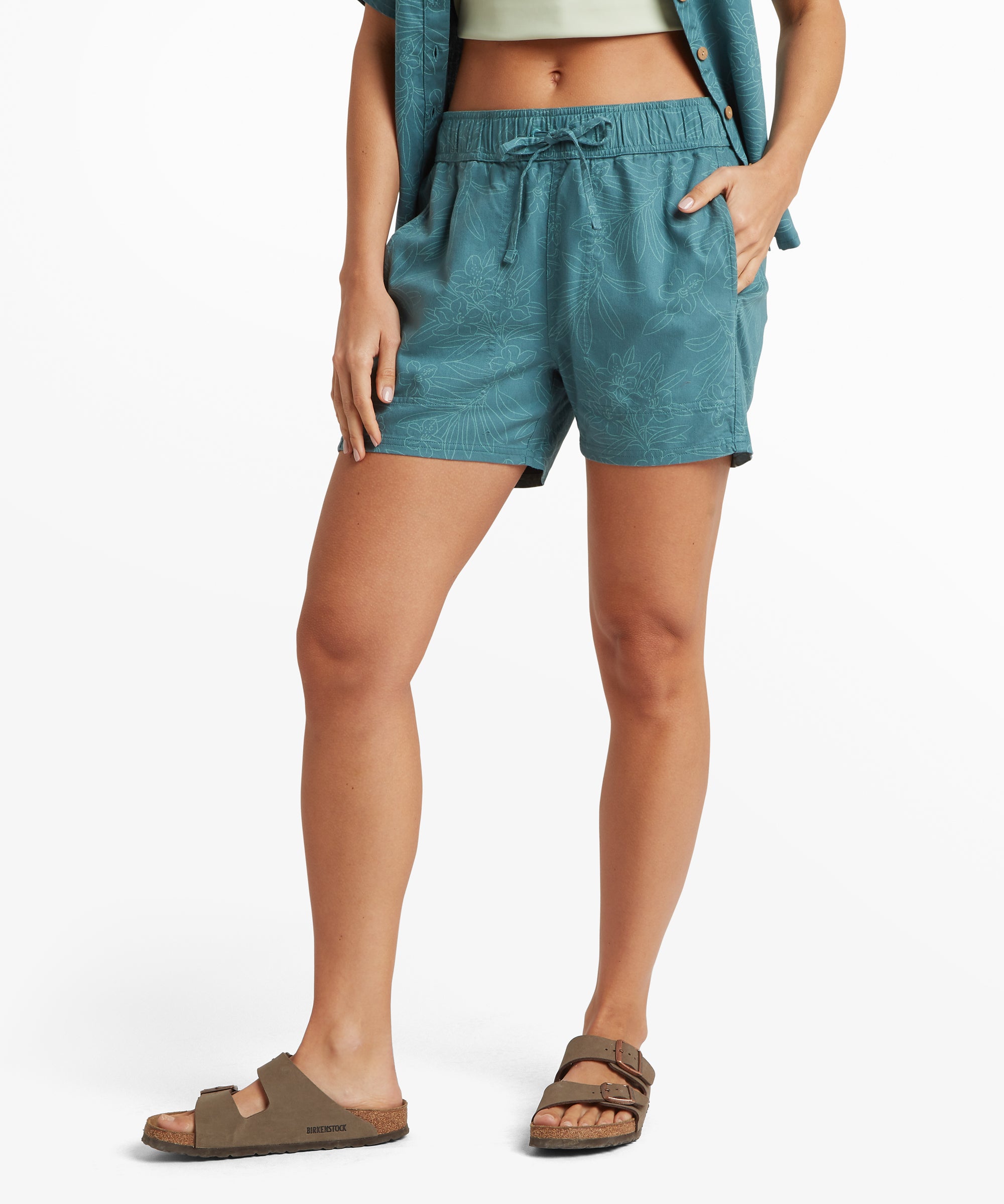 Palmo Shorts - Hydra Floral teal shorts with leaf pattern and elastic waistband