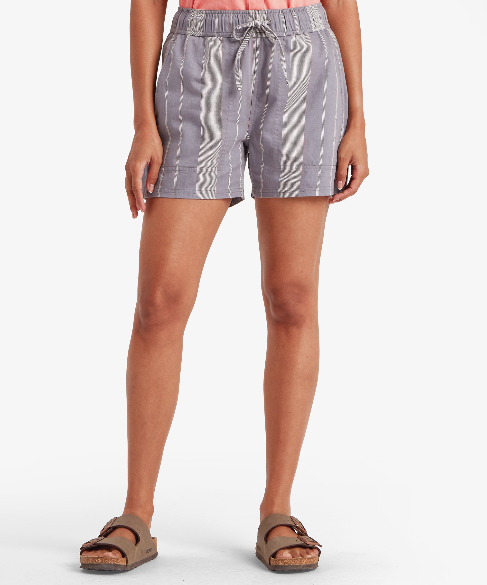 Palmo Shorts - Stormy Stripe gray striped shorts with drawstring waistband
