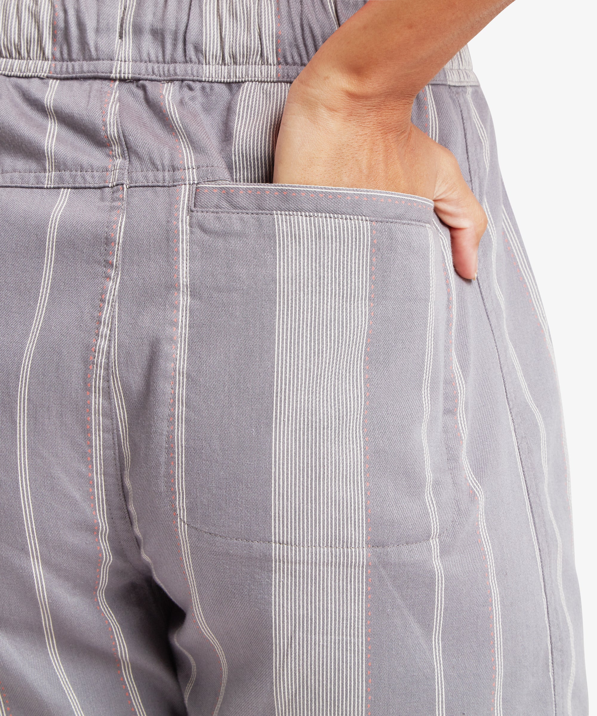 Palmo Shorts - Stormy Stripe: gray pants with white pinstripes, relaxed elastic waistband