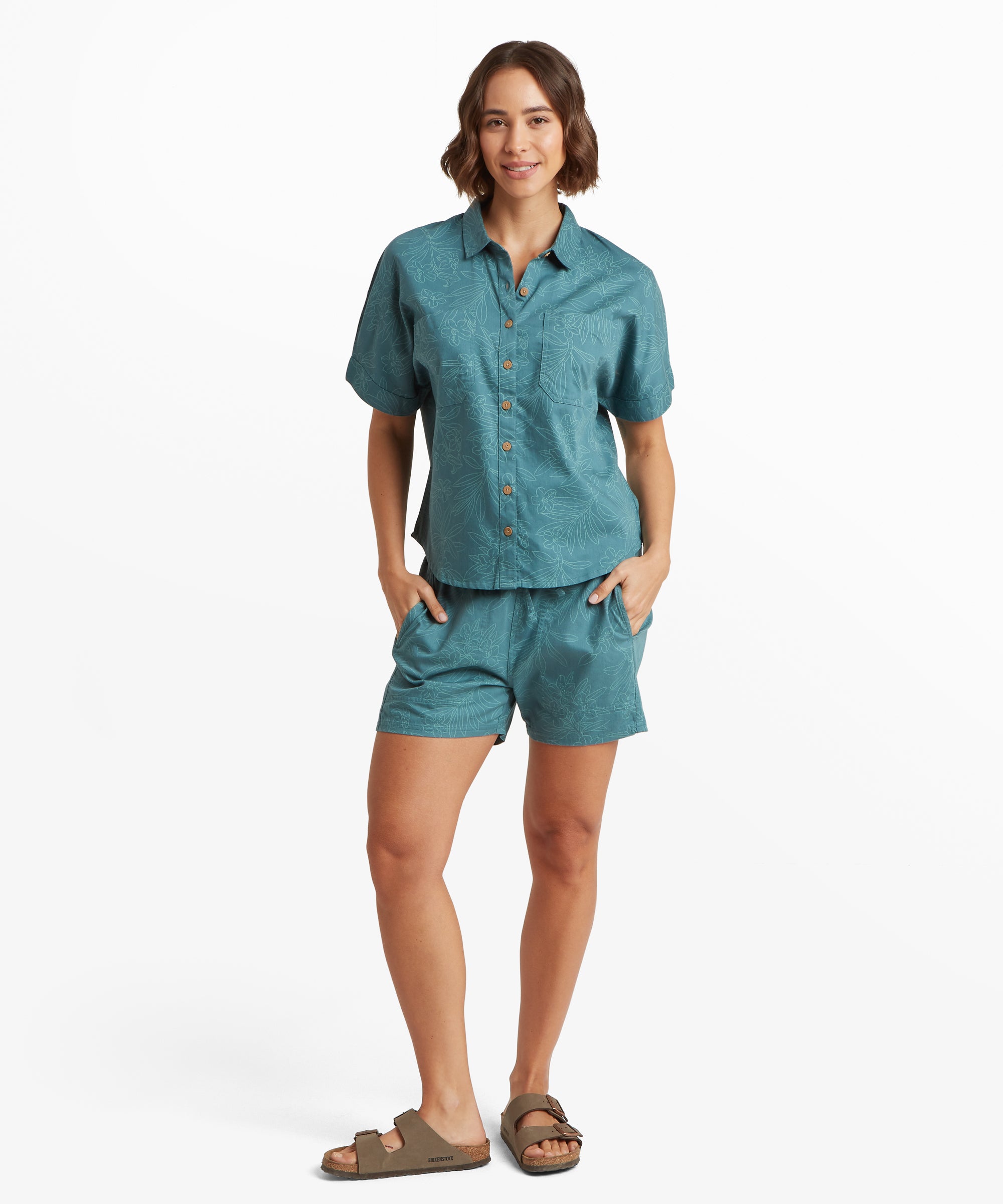 Palmo Short Sleeve Shirt - Hydra Floral teal set with shorts