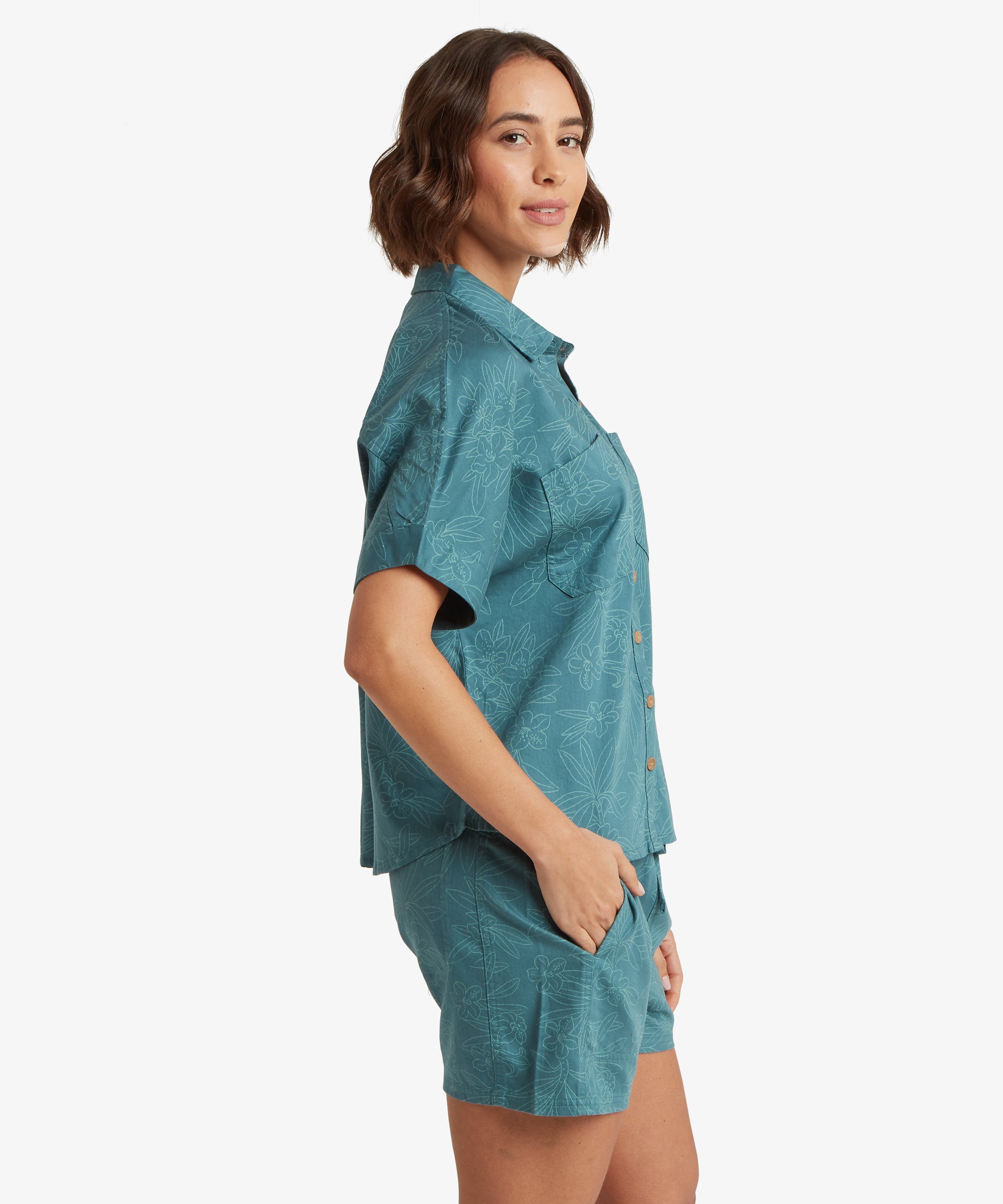 Palmo Short Sleeve Shirt - Hydra Floral teal leaf pattern button-up