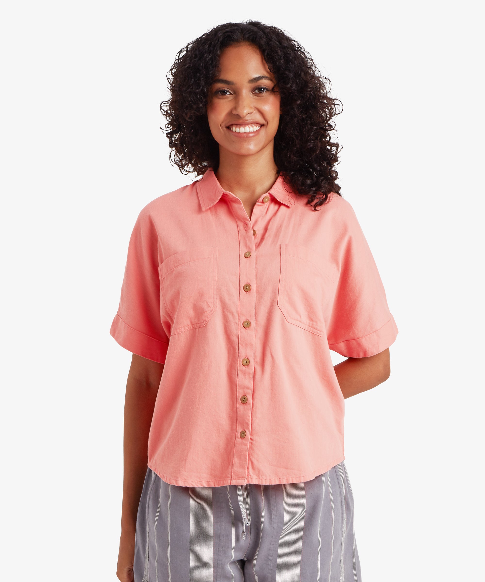 Palmo Short Sleeve Shirt - Rose Gold coral button-up with pockets