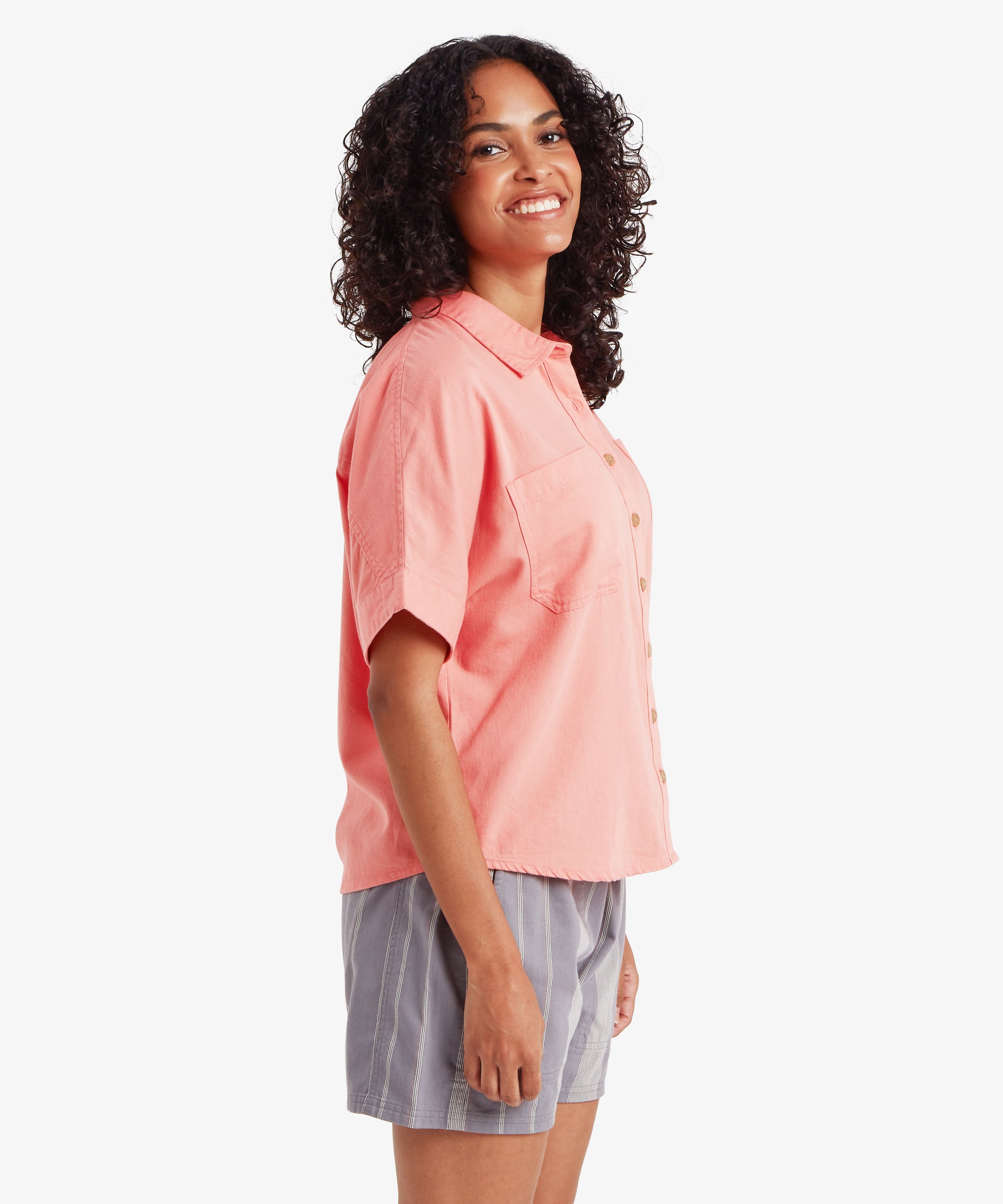 Palmo Short Sleeve Shirt in Rose Gold - soft coral button-up with pocket