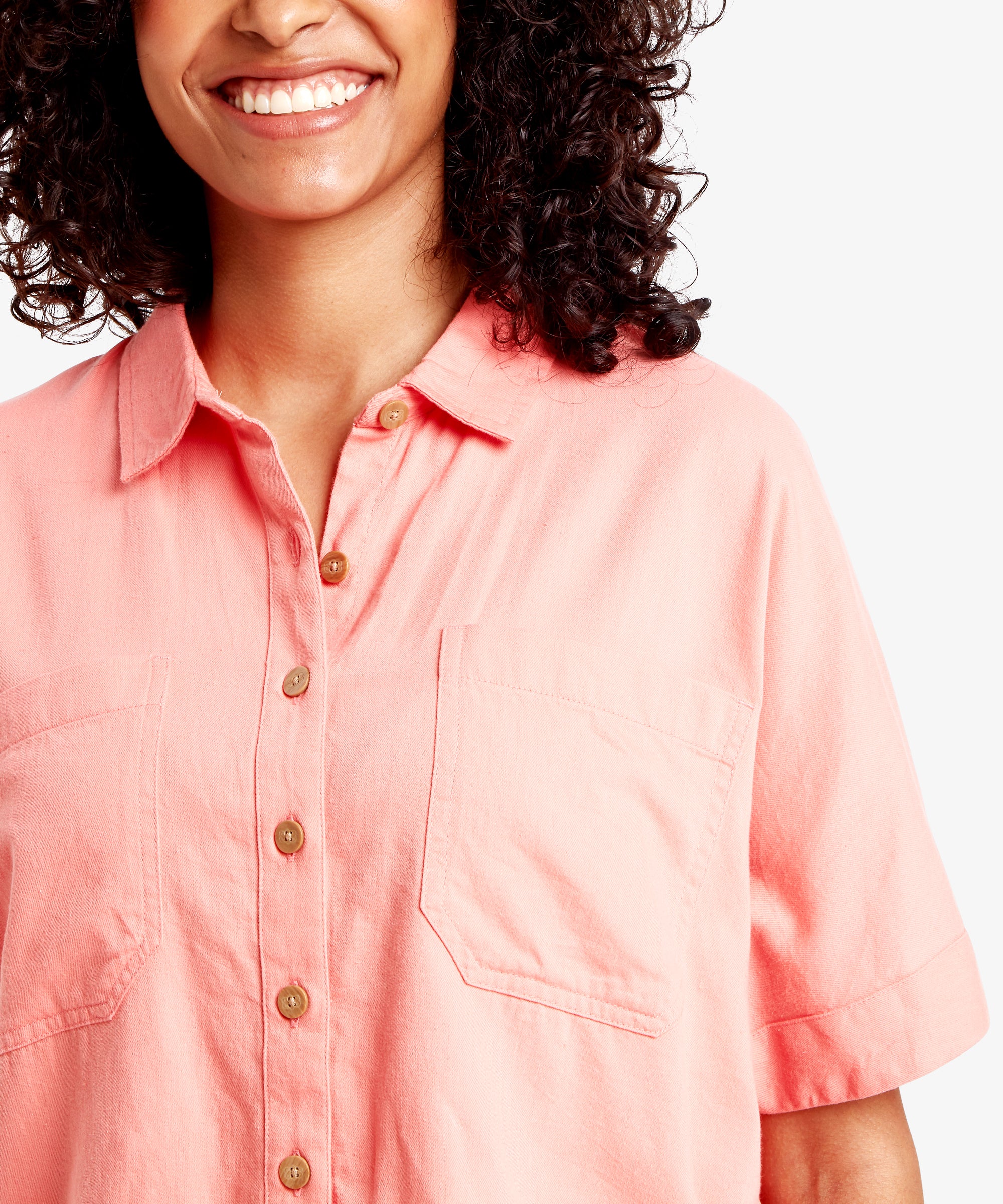 Palmo Short Sleeve Shirt - Rose Gold, soft coral button-up with pockets
