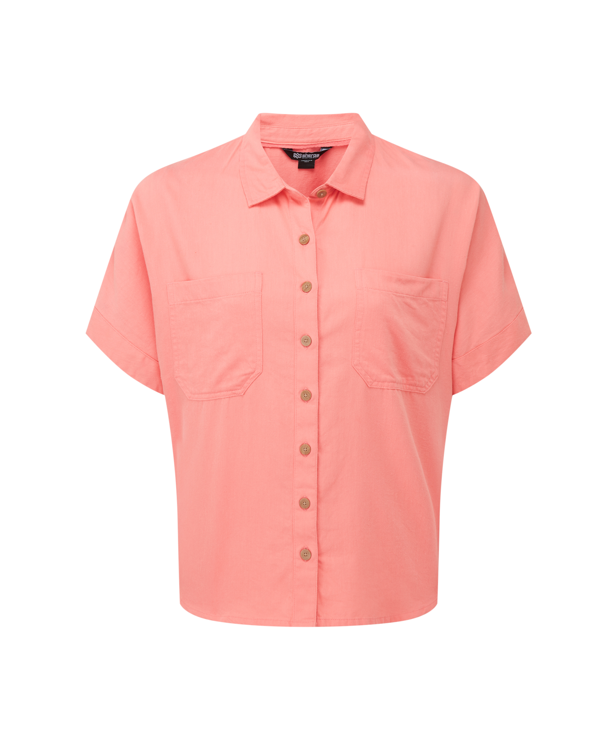 Women's coral short-sleeve shirt with buttons on a white background