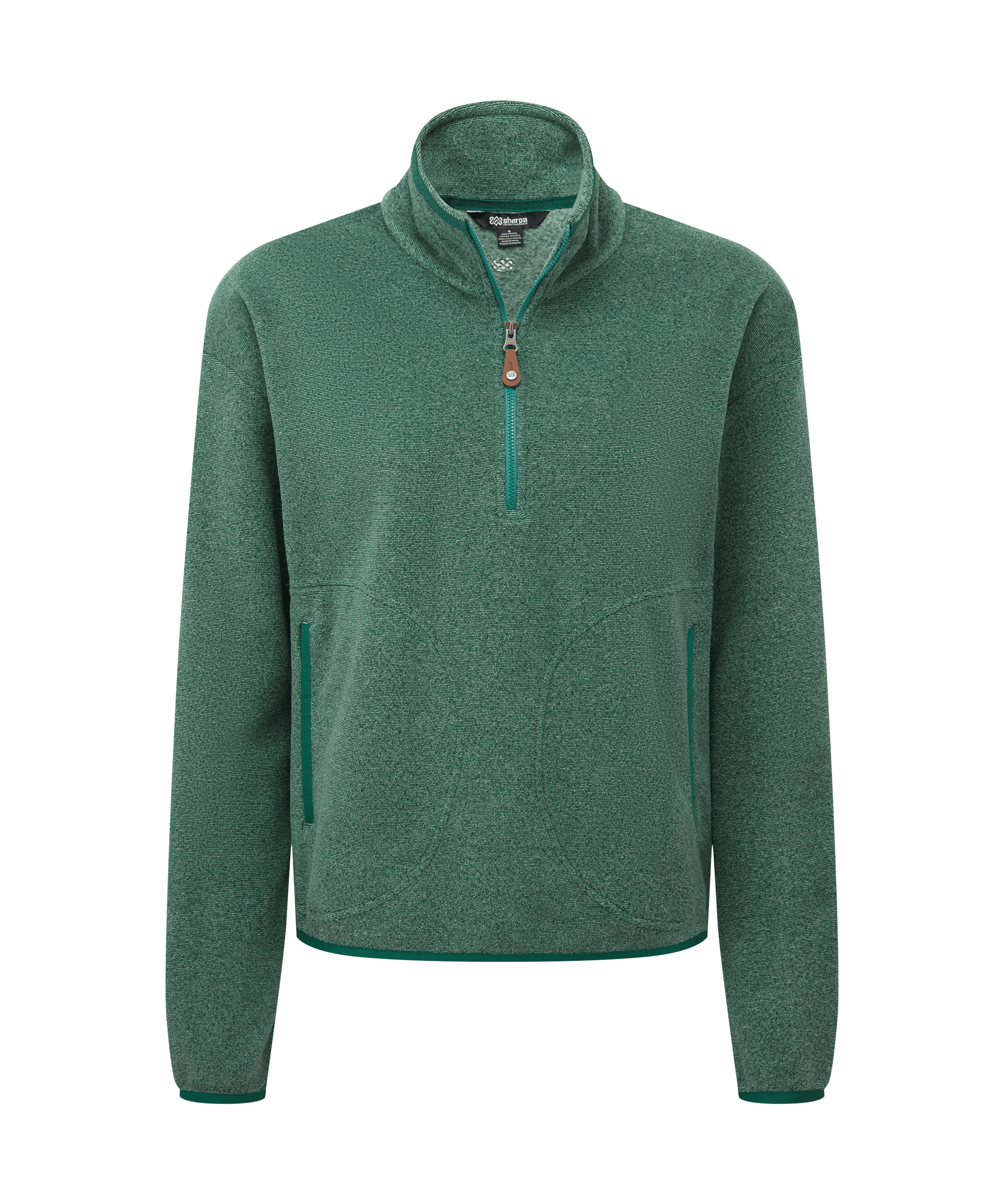 Front view of a women's Sherpa Adventure Gear Rolpa 1/2-zip pullover in heather green. Features soft fleece construction, a stand collar with quarter-zip closure, long sleeves, and a comfortable regular fit for layering.