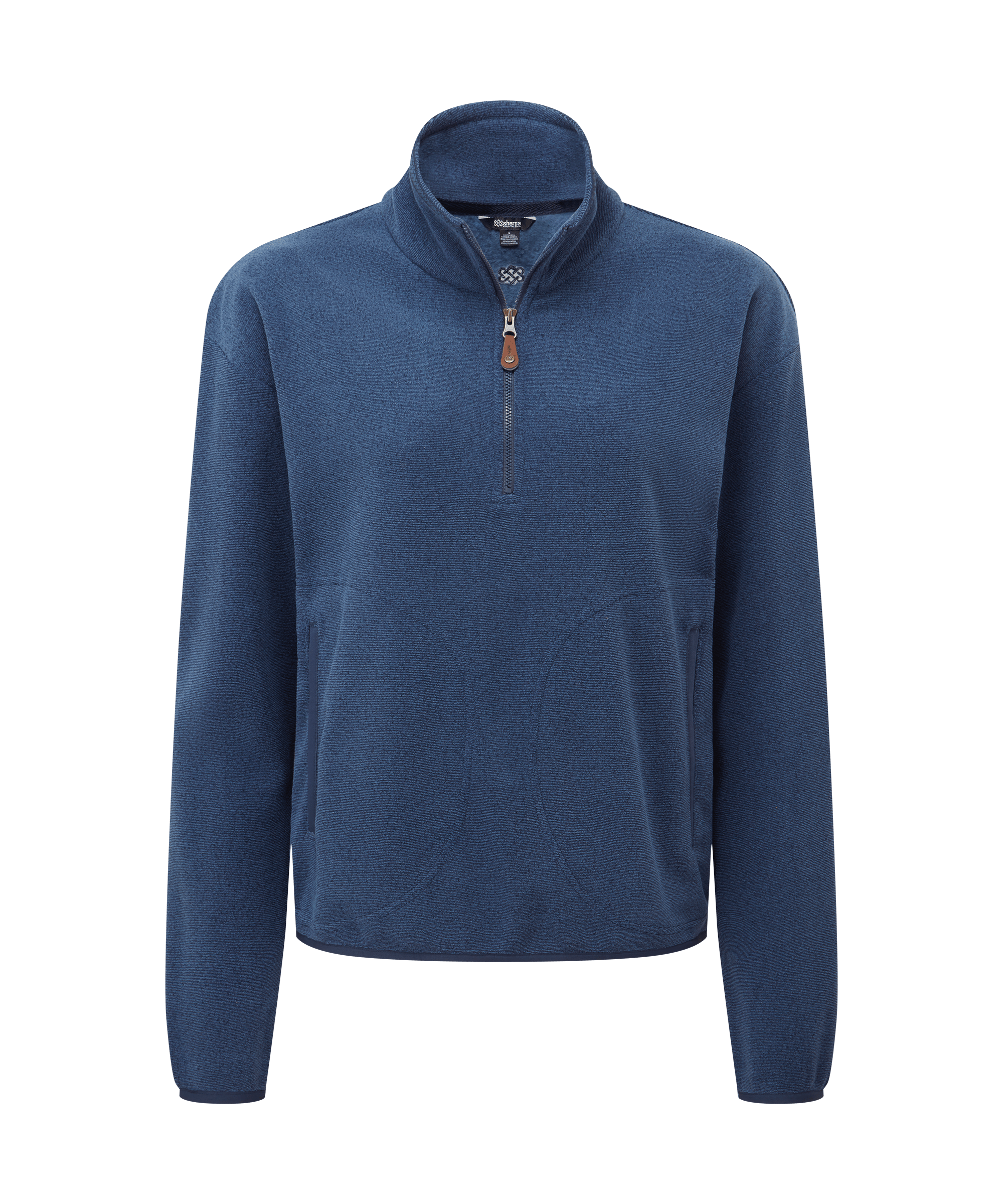 Front view of a women's Sherpa Adventure Gear Rolpa 1/2-zip pullover in heather blue. Features warm fleece fabric, a stand collar with quarter-zip closure, long sleeves, and a versatile outdoor-inspired design.