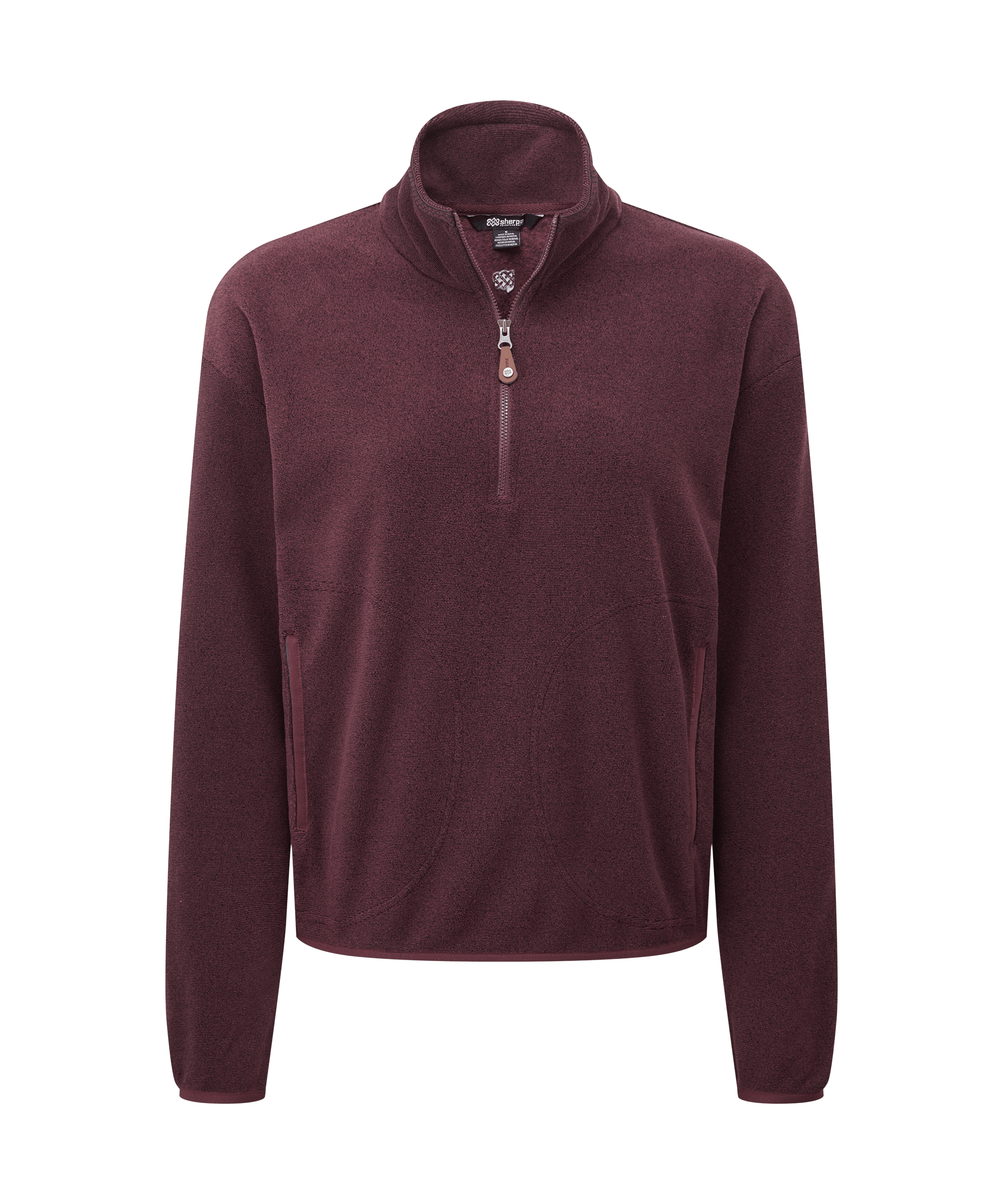Front view of a women's Sherpa Adventure Gear Rolpa 1/2-zip pullover in rich merlot red. Features soft brushed fleece, a stand-up collar with quarter-zip closure, long sleeves, and a relaxed fit for everyday comfort.