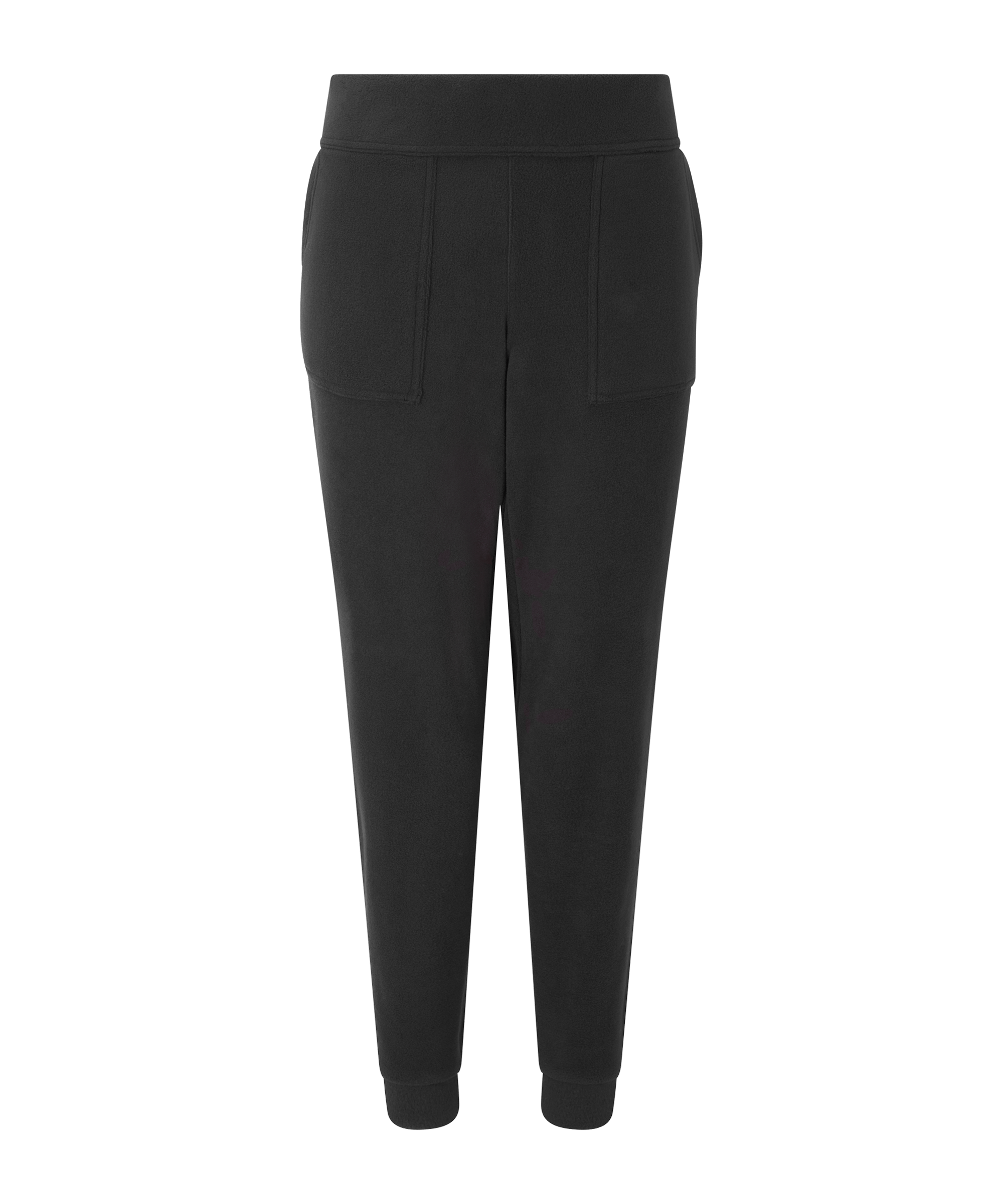 Front view of a women's Sherpa Adventure Gear jogger pant in black. Features a tapered leg silhouette, elastic waistband, cuffed ankles, and a streamlined design for casual comfort and active wear.