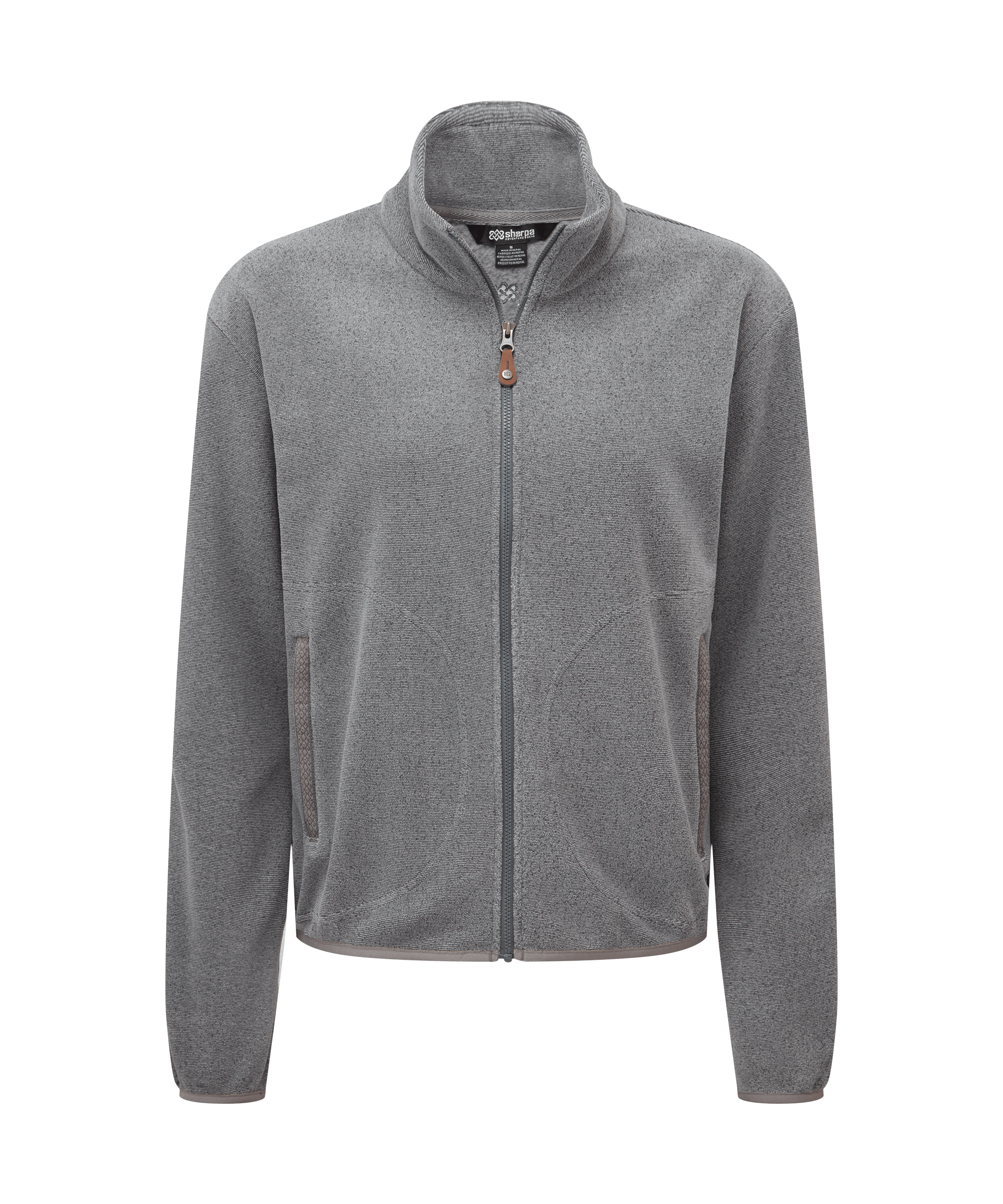 Front view of a women's Sherpa Adventure Gear Rolpa full-zip jacket in heather grey. Features soft fleece fabric, a full-length zipper, stand collar, long sleeves, and a clean, versatile silhouette.