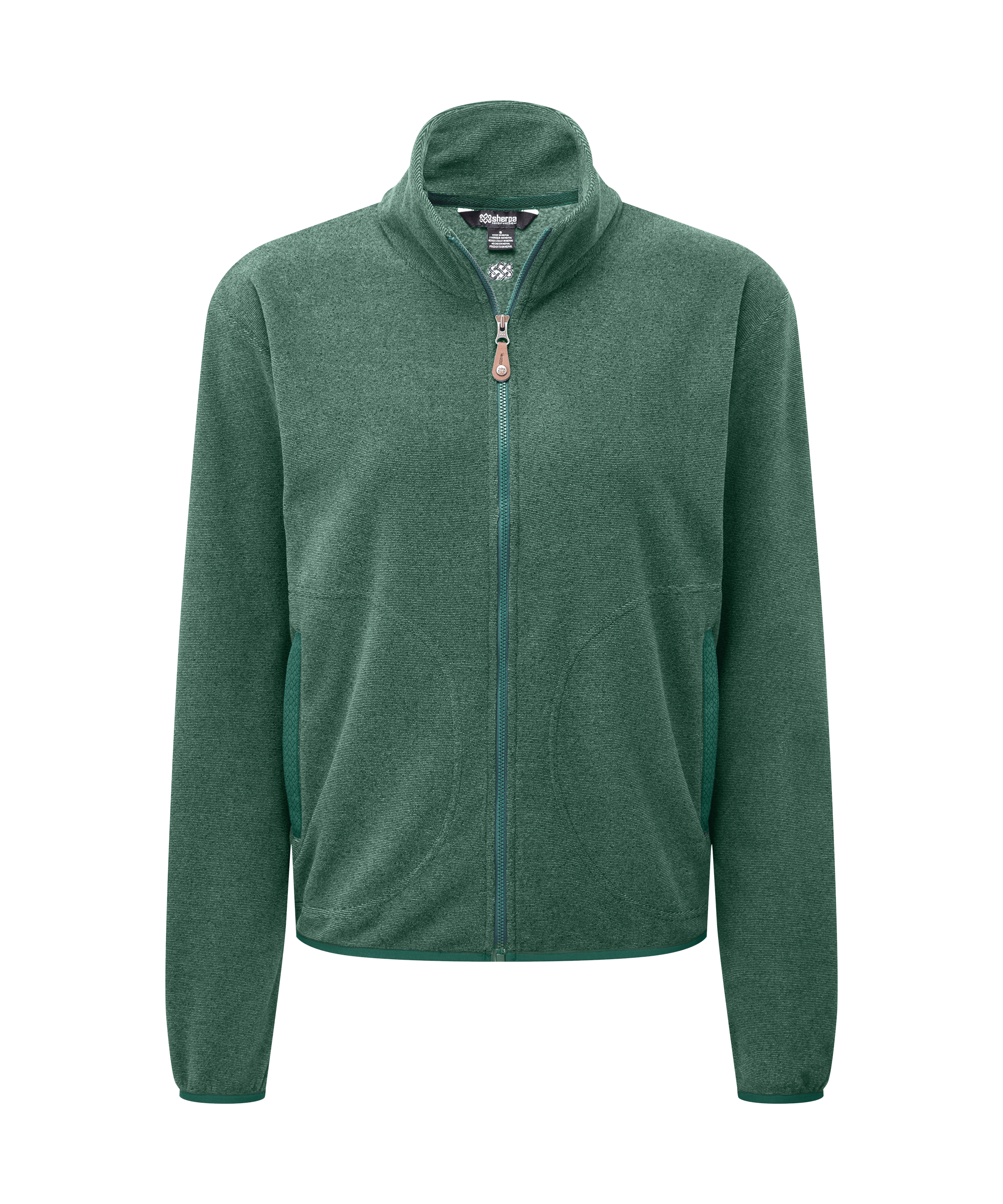 Front view of a women's Sherpa Adventure Gear Rolpa full-zip jacket in heather green. Features warm fleece construction, a full front zipper, stand-up collar, and long sleeves for lightweight layering.