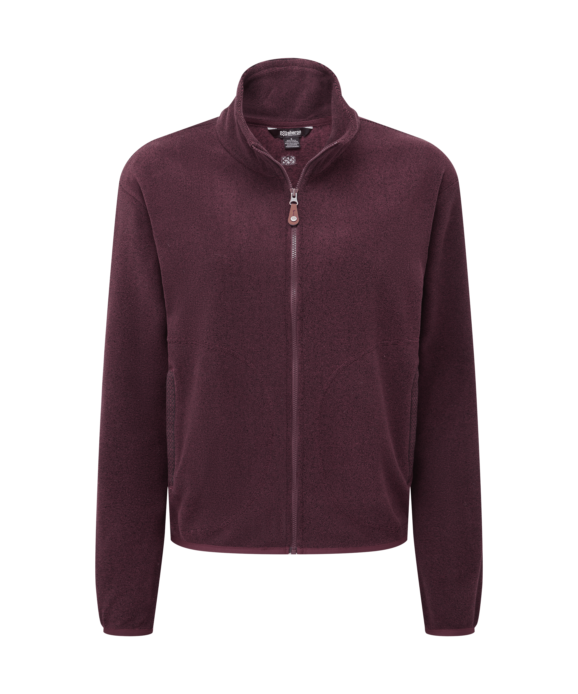 Front view of a women's Sherpa Adventure Gear Rolpa full-zip jacket in deep merlot red. Features plush fleece construction, a full front zipper, stand collar, and long sleeves designed for warmth and comfort.