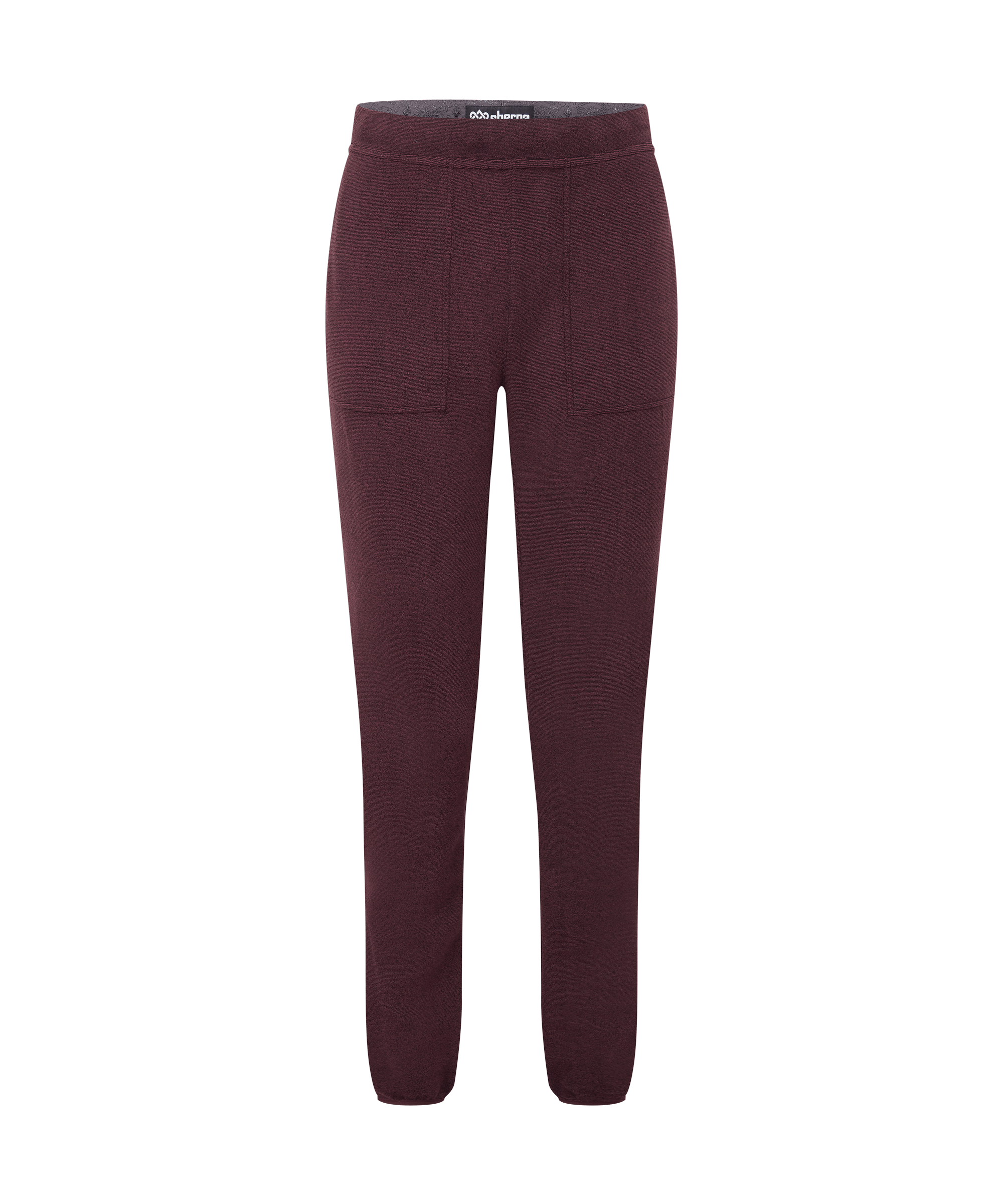 Front view of a women's Sherpa Adventure Gear jogger pant in merlot red. Features a tapered leg design, elastic waistband, cuffed hems, and a comfortable fit suited for lounging or casual outings.