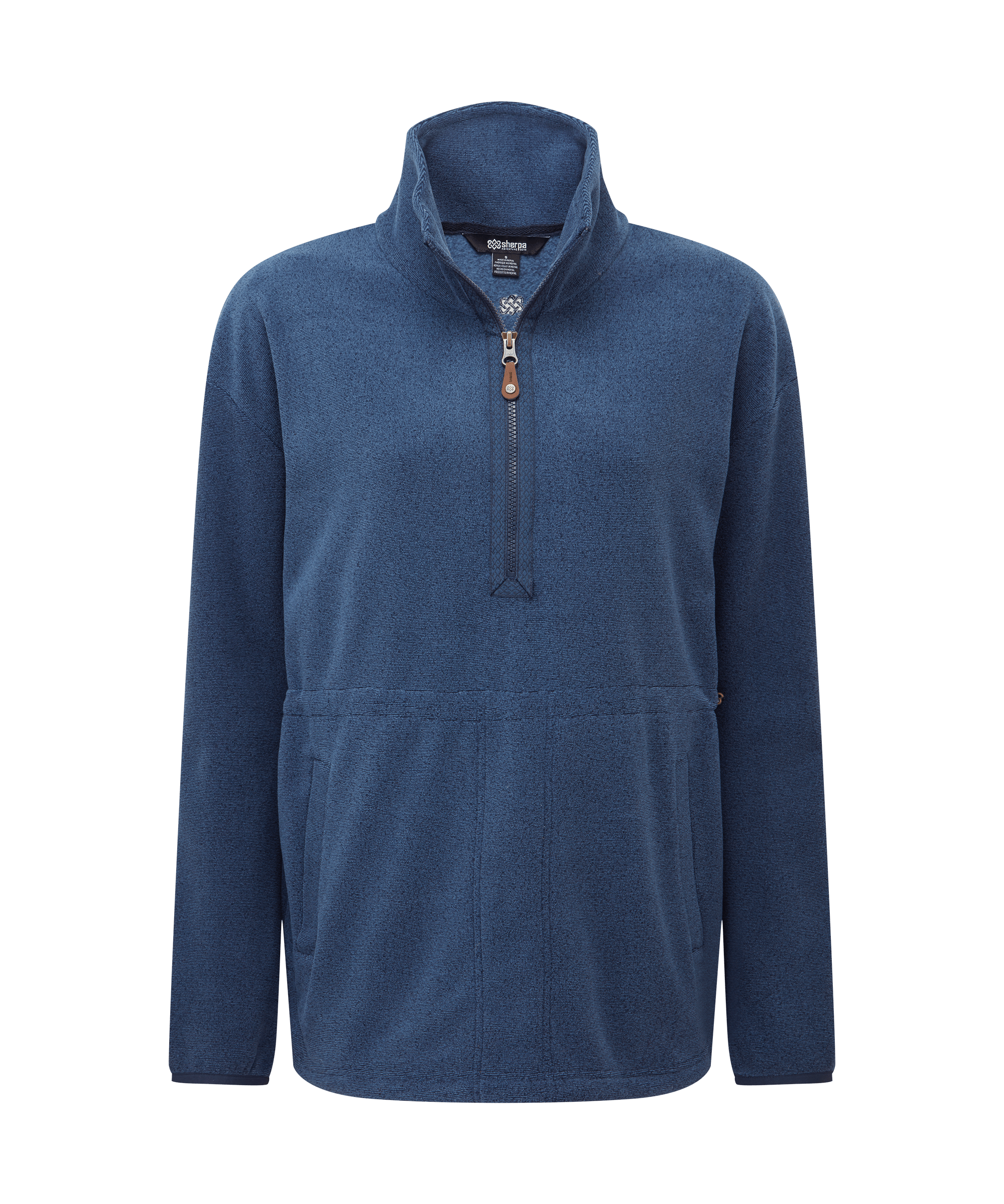 Front view of a women's Sherpa Adventure Gear Rolpa popover fleece in heather blue. Features a quarter-zip neckline, stand collar, long sleeves, and soft fleece fabric for lightweight warmth.