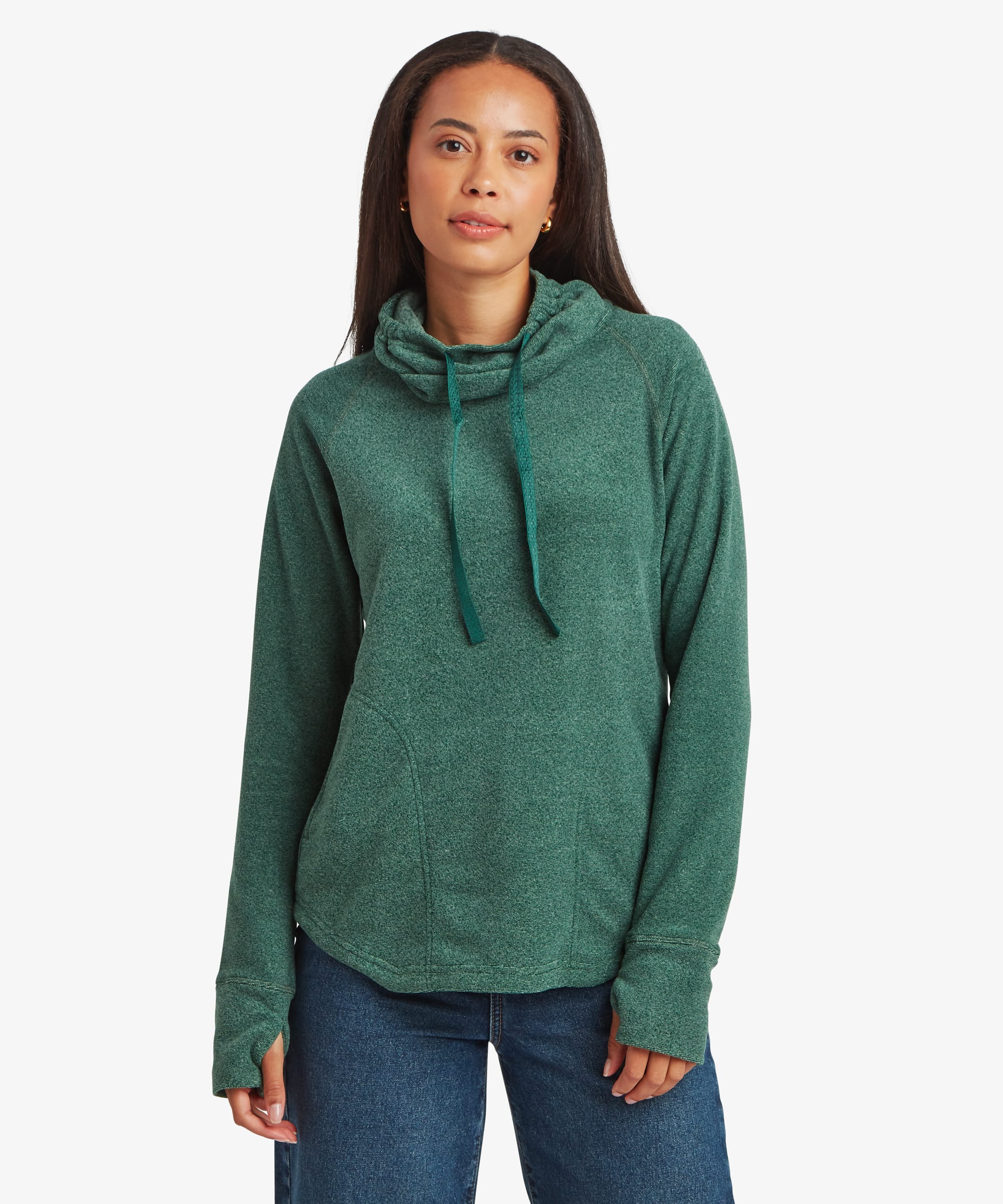 Front view of a woman wearing a teal green Sherpa Rolpa Pullover with a high funnel neck and adjustable drawcords. The soft textured fleece fabric and relaxed fit are shown against a white studio background.