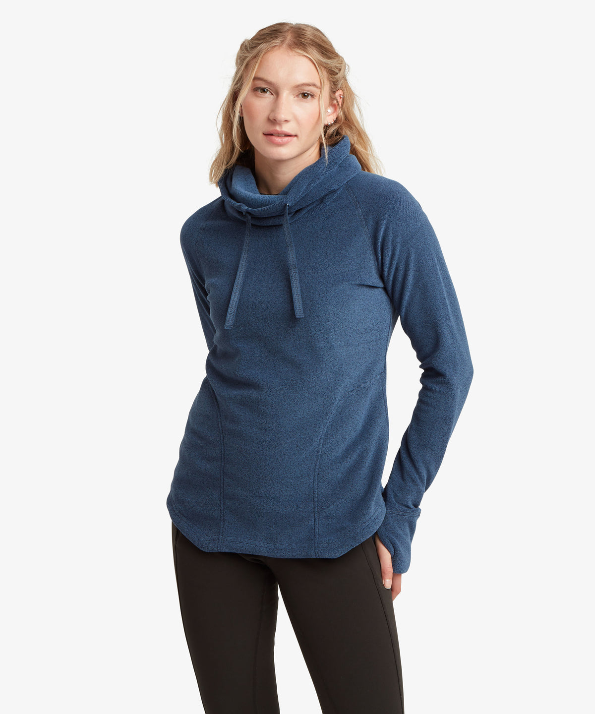Woman wearing navy funnel-neck pullover with drawstring, front view, close-up
