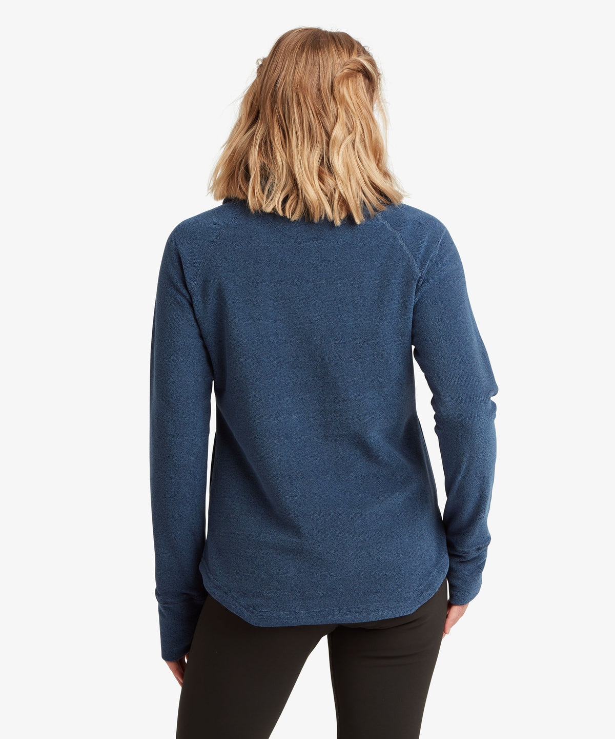Back view of navy funnel-neck pullover showing raglan sleeves and hem shape