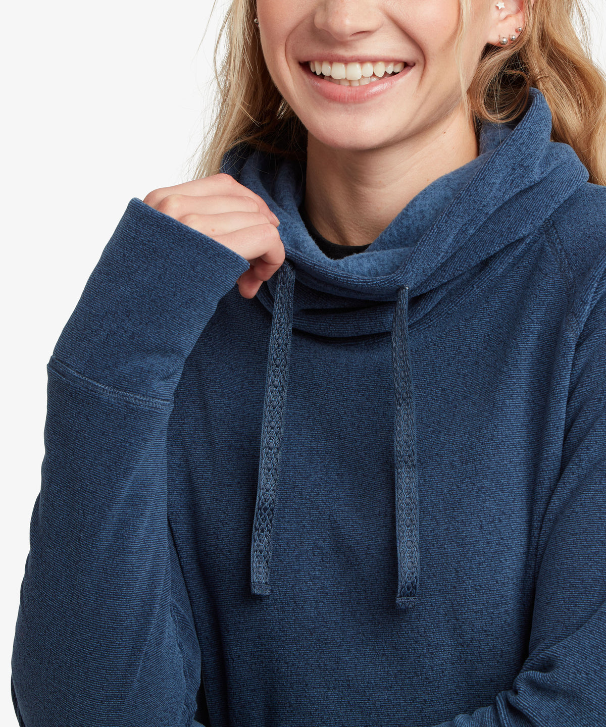 Close-up of navy pullover's funnel neckline and drawstring cord detail