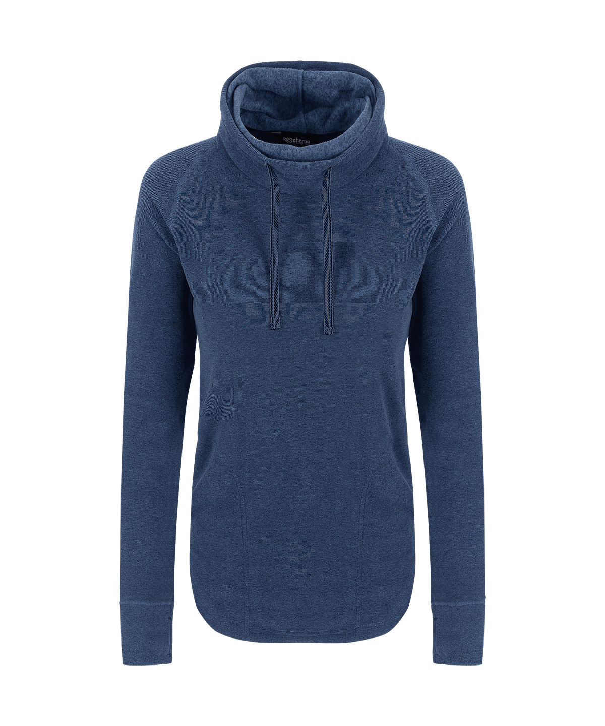 Heathered blue long-sleeve hoodie with a mock neck and drawstrings on a white background.