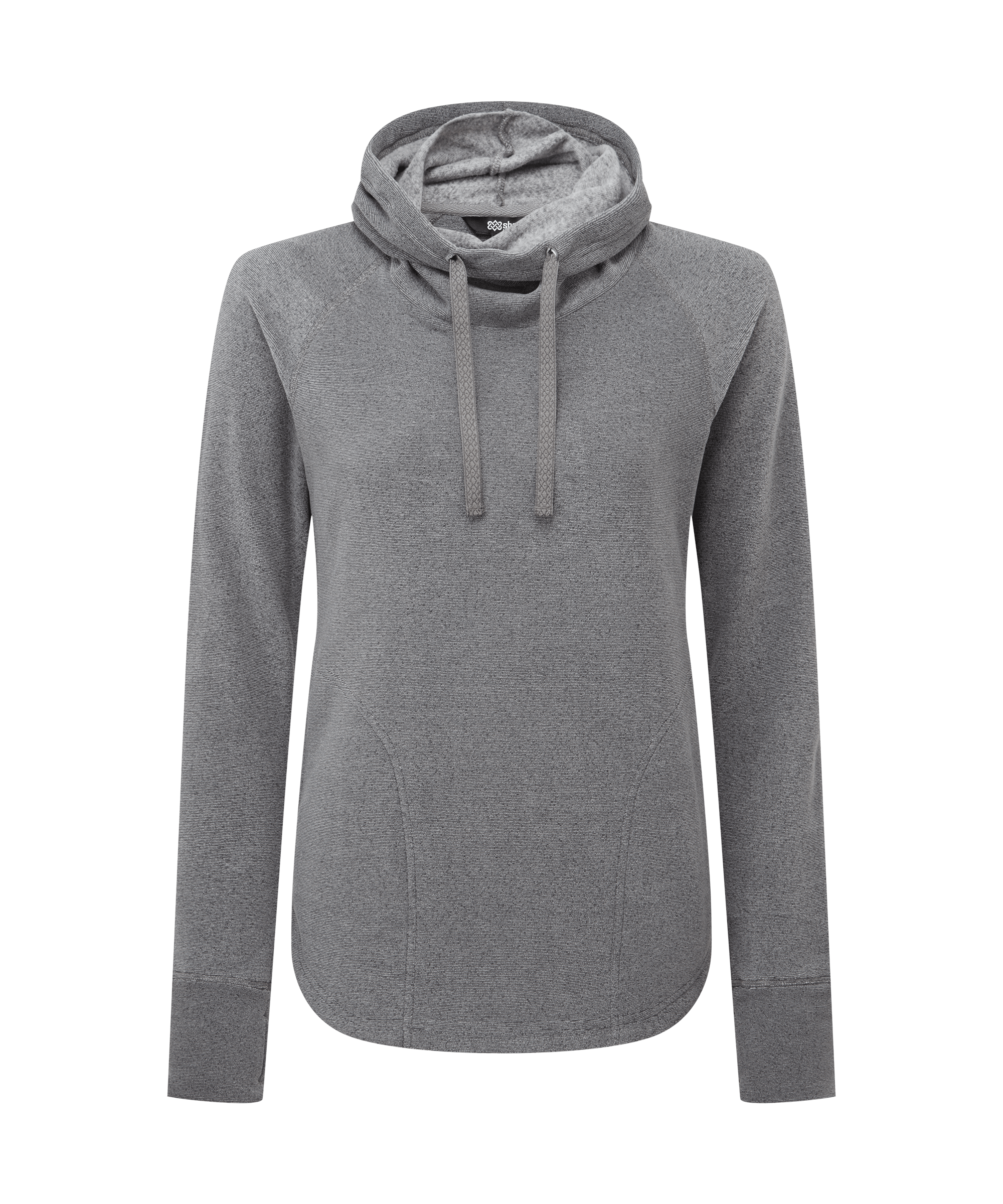 Front view of a women's Sherpa Adventure Gear pullover hoodie in heather grey. Features a relaxed cowl neck with drawcords, long sleeves, a curved hem, and soft knit fabric for everyday comfort.